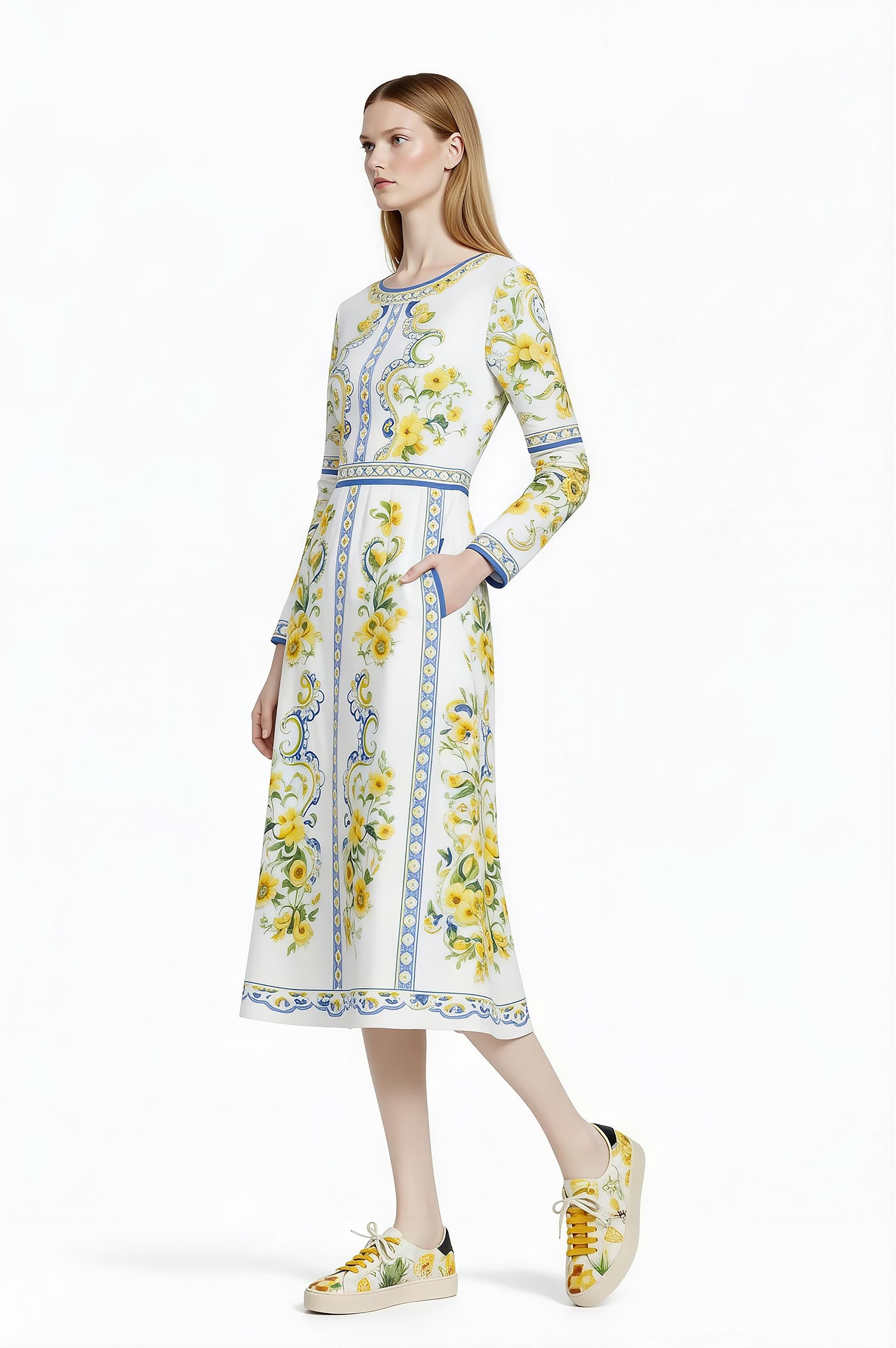 Floral Midi Dress, Long Sleeve, Romantic Folk Print, Boutique Style __etsy:7943705071