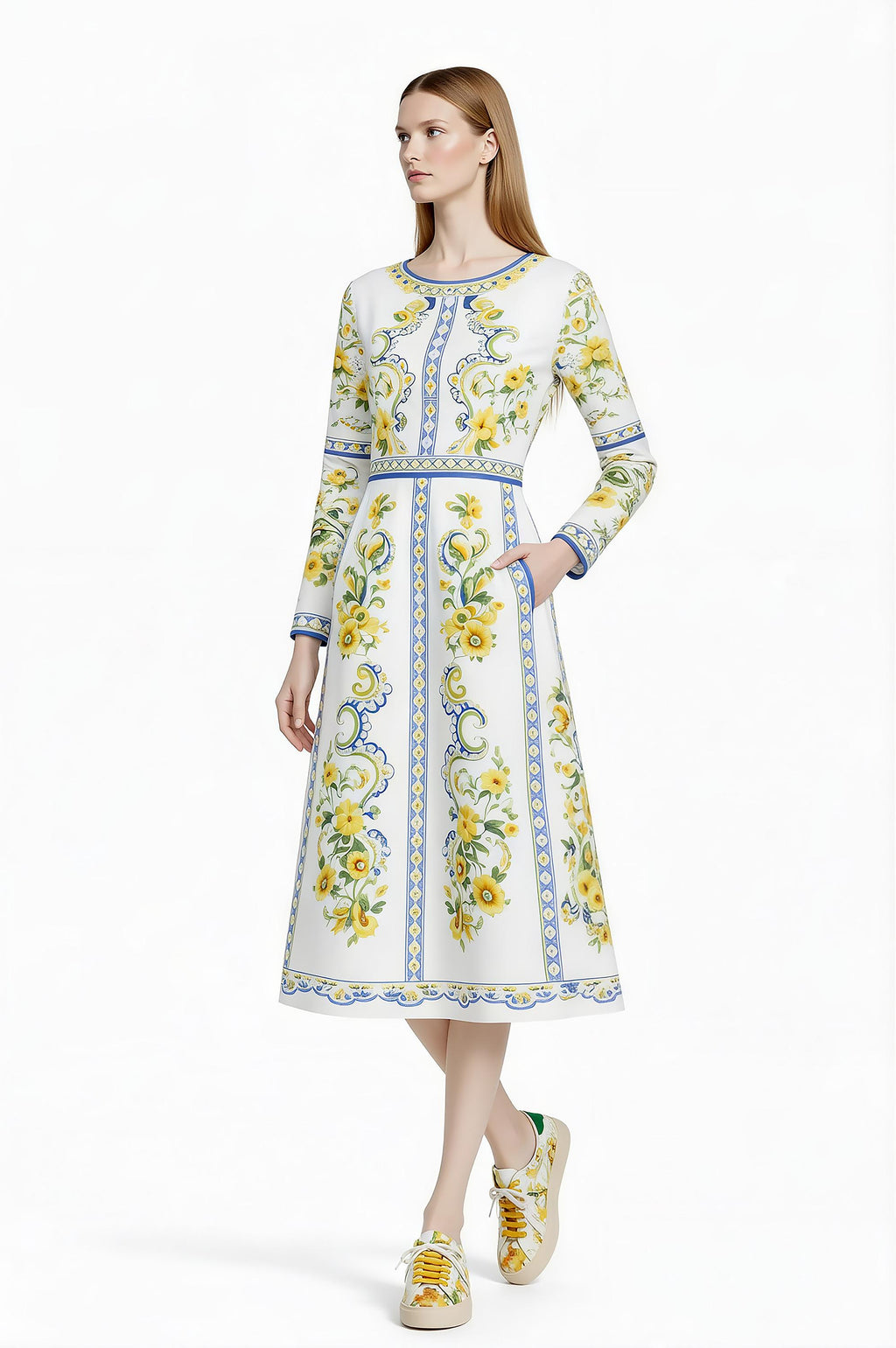 Floral Midi Dress, Long Sleeve, Romantic Folk Print, Boutique Style __etsy:7943705165