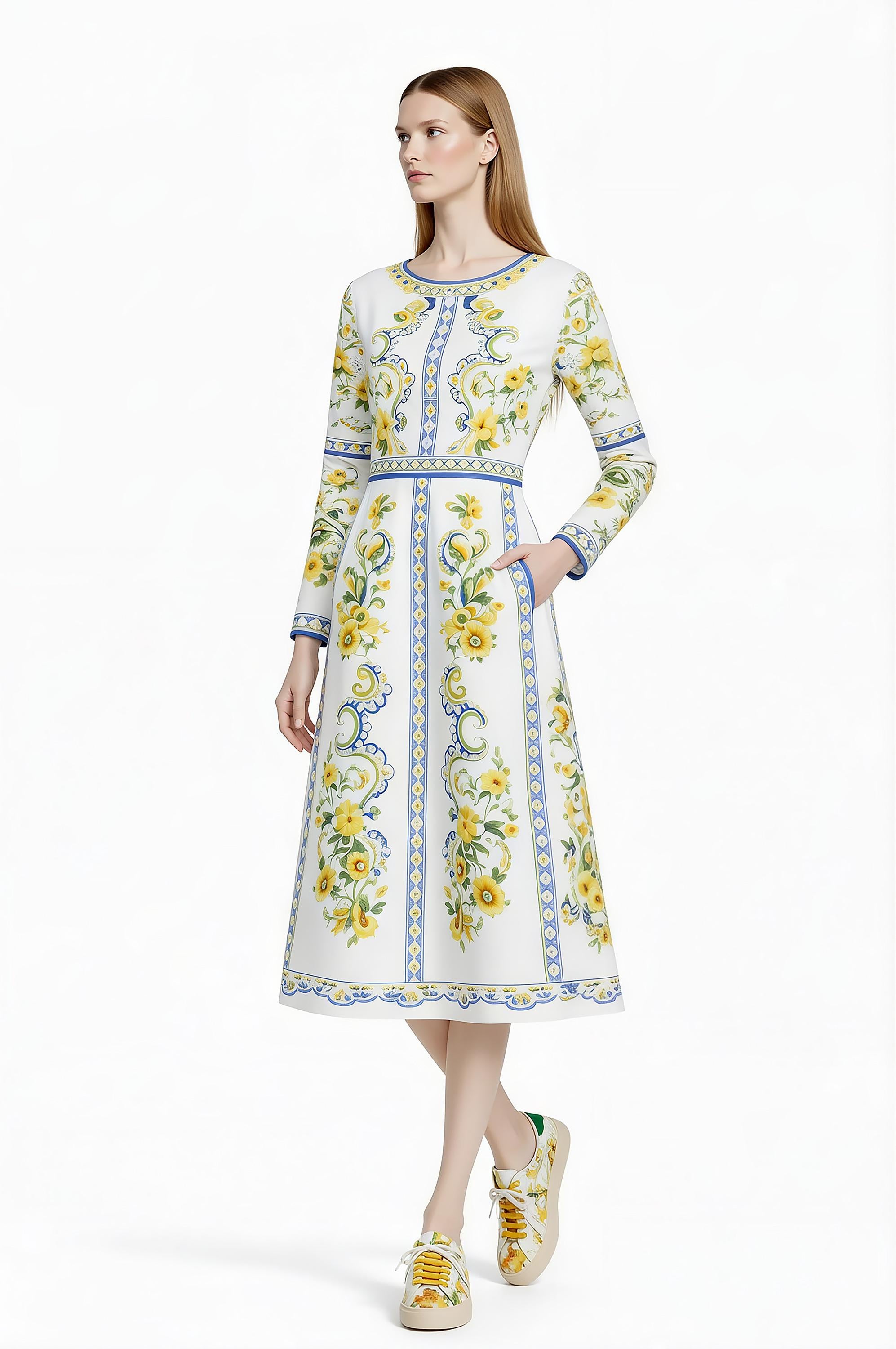 Floral Midi Dress, Long Sleeve, Romantic Folk Print, Boutique Style __etsy:7943705165