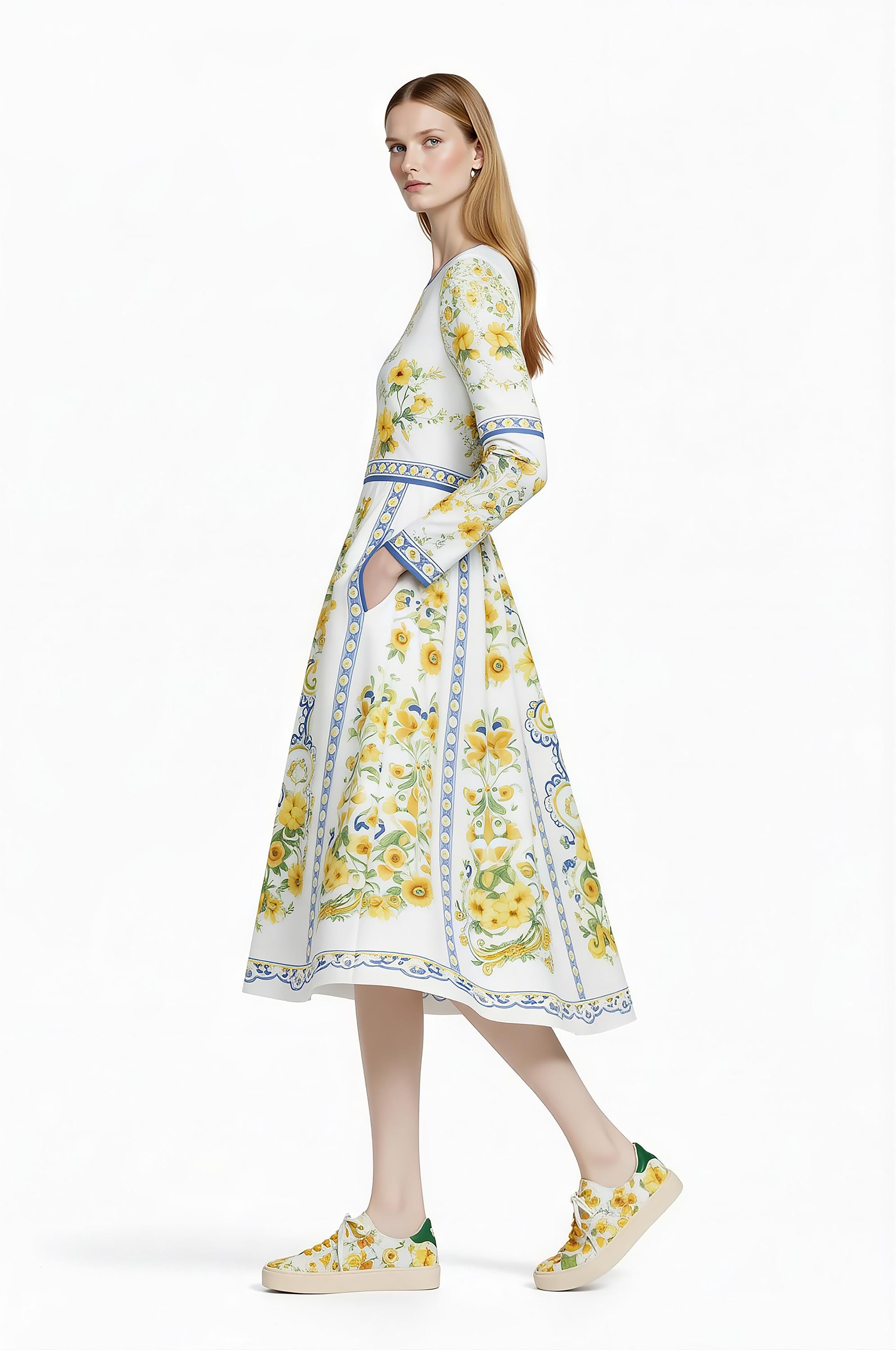 Floral Midi Dress, Long Sleeve, Romantic Folk Print, Boutique Style __etsy:7943705169