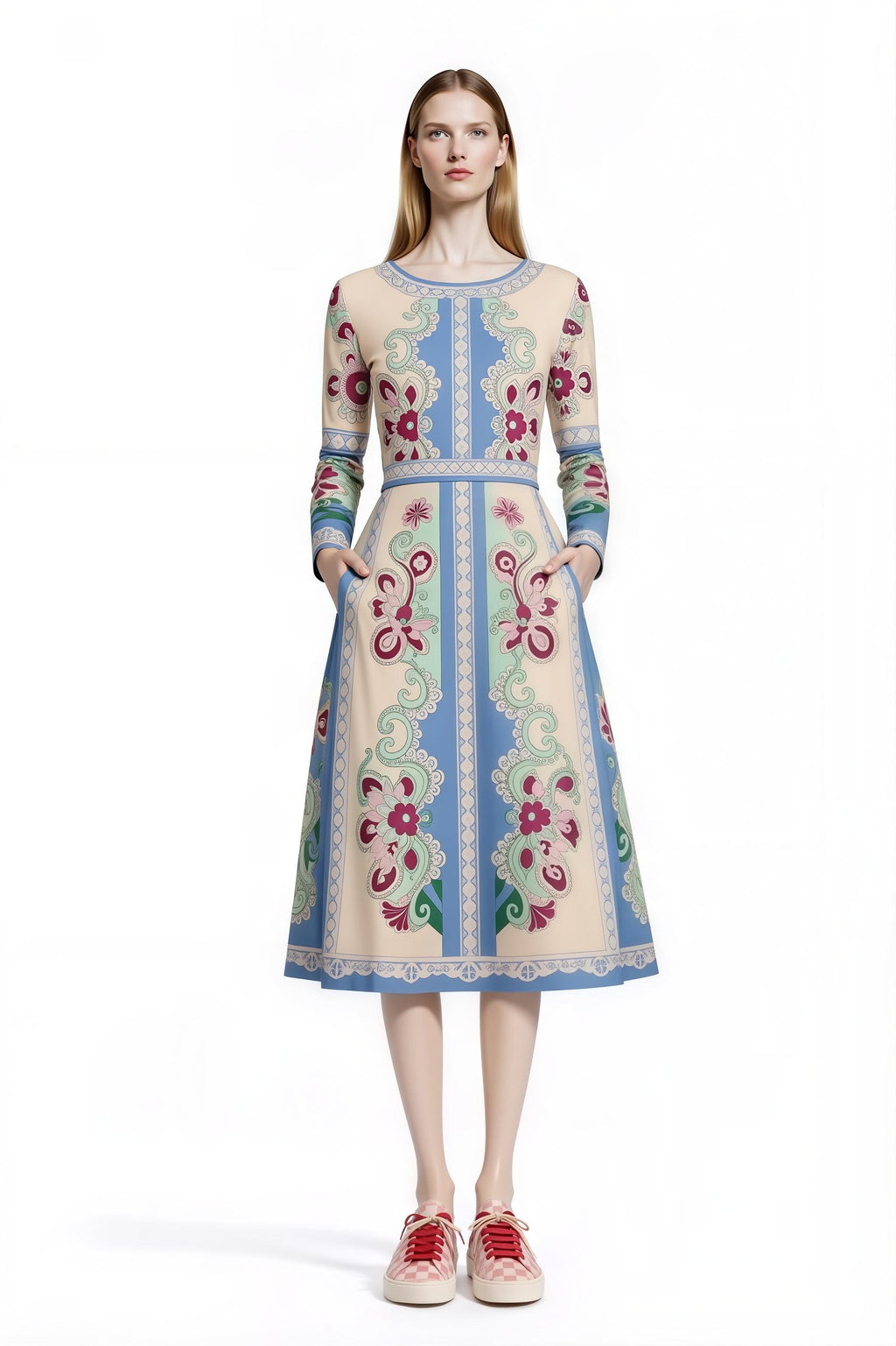 Long Sleeve Floral Midi Dress, Romantic Folk Print, Boutique Style, Spring Outfit __etsy:7943786857