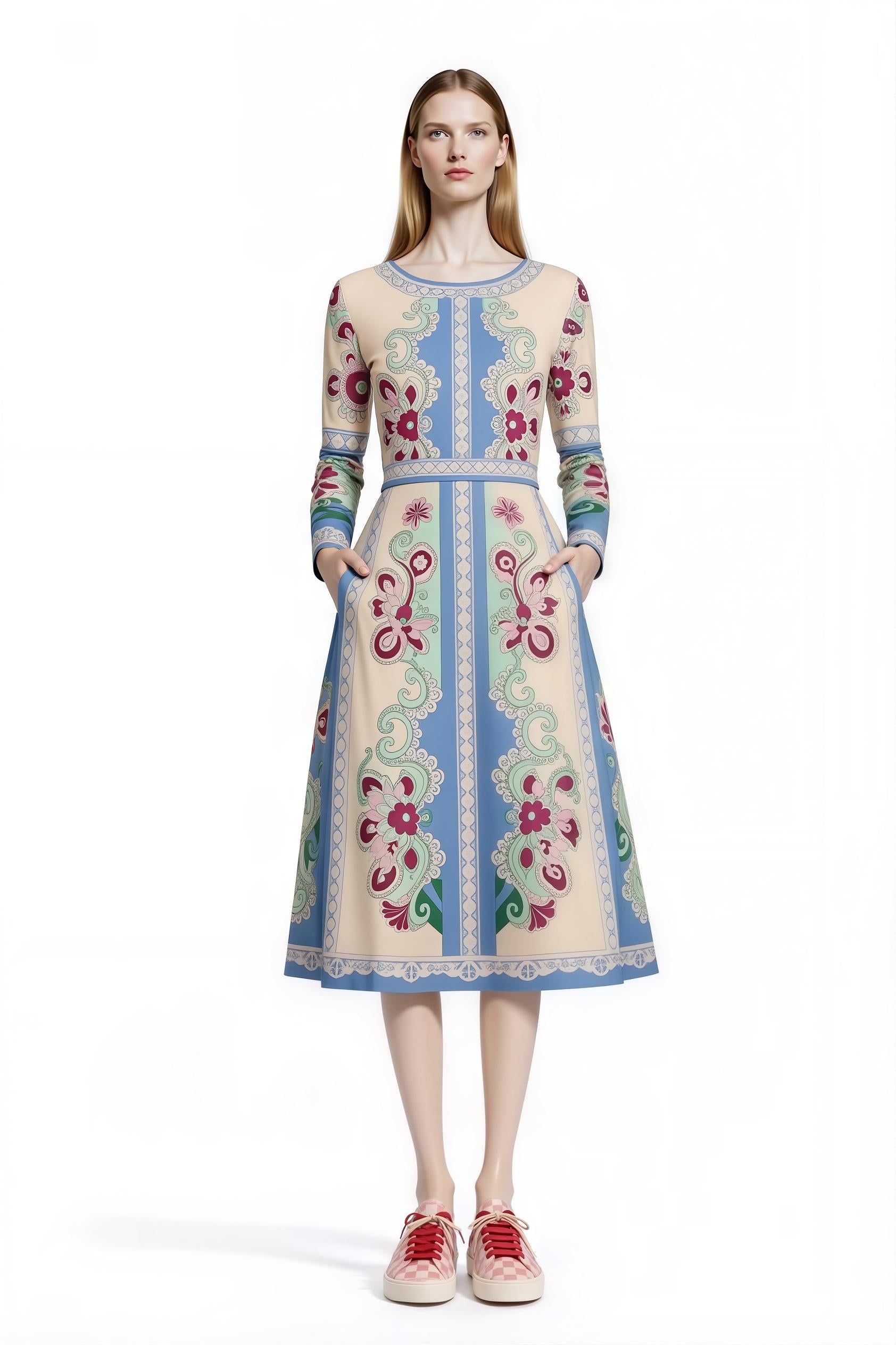 Long Sleeve Floral Midi Dress, Romantic Folk Print, Boutique Style, Spring Outfit __etsy:7943786857