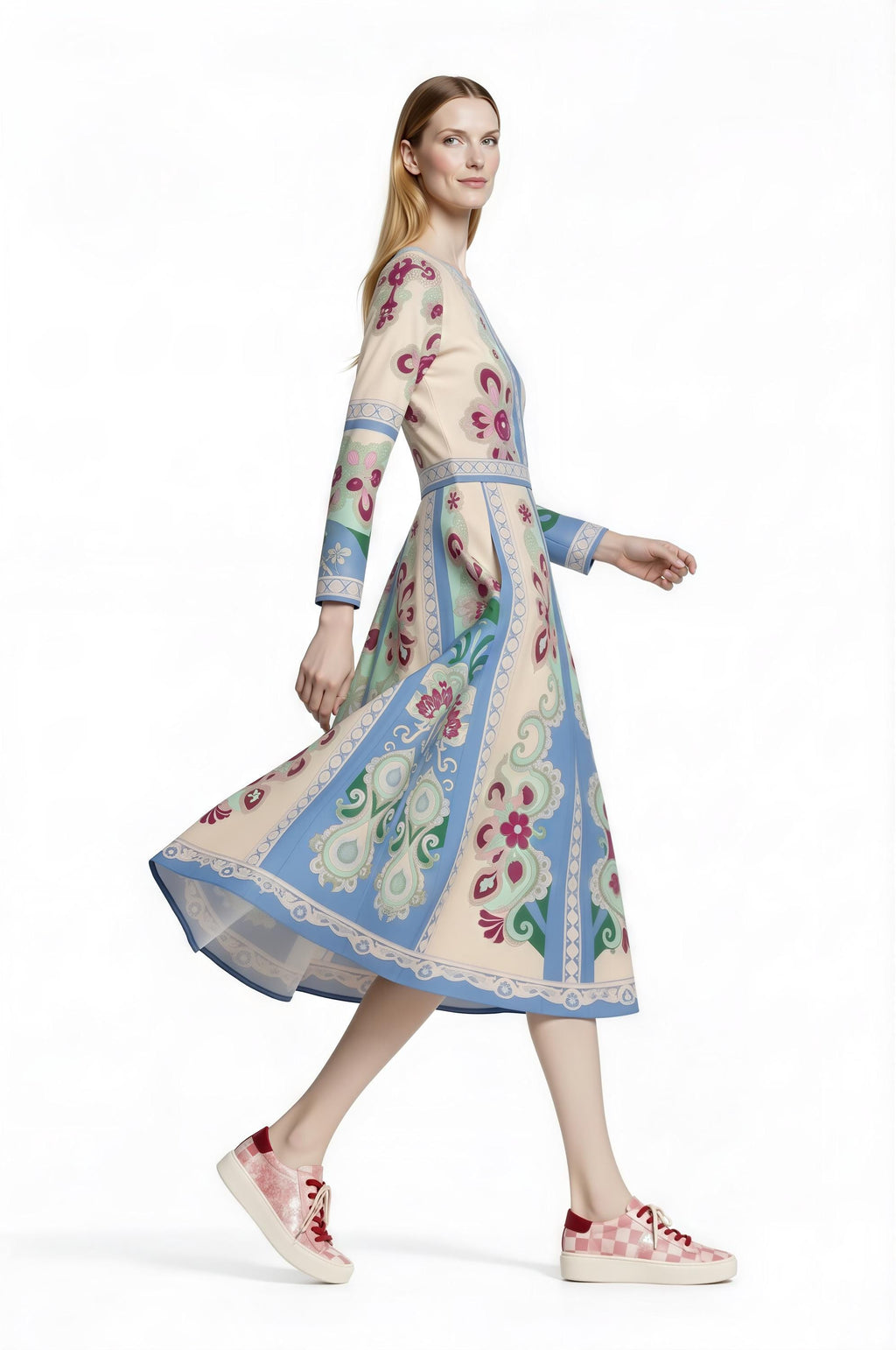 Long Sleeve Floral Midi Dress, Romantic Folk Print, Boutique Style, Spring Outfit __etsy:7943786867