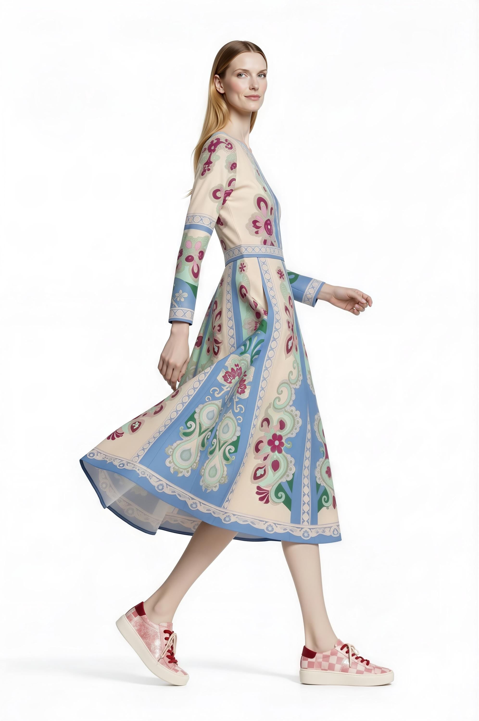 Long Sleeve Floral Midi Dress, Romantic Folk Print, Boutique Style, Spring Outfit __etsy:7943786867