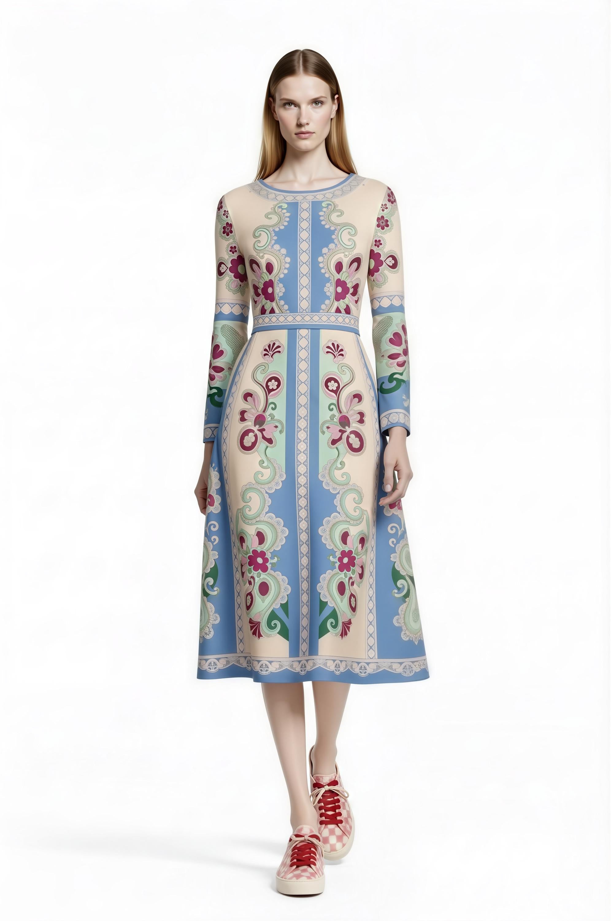 Long Sleeve Floral Midi Dress, Romantic Folk Print, Boutique Style, Spring Outfit __etsy:7943786869