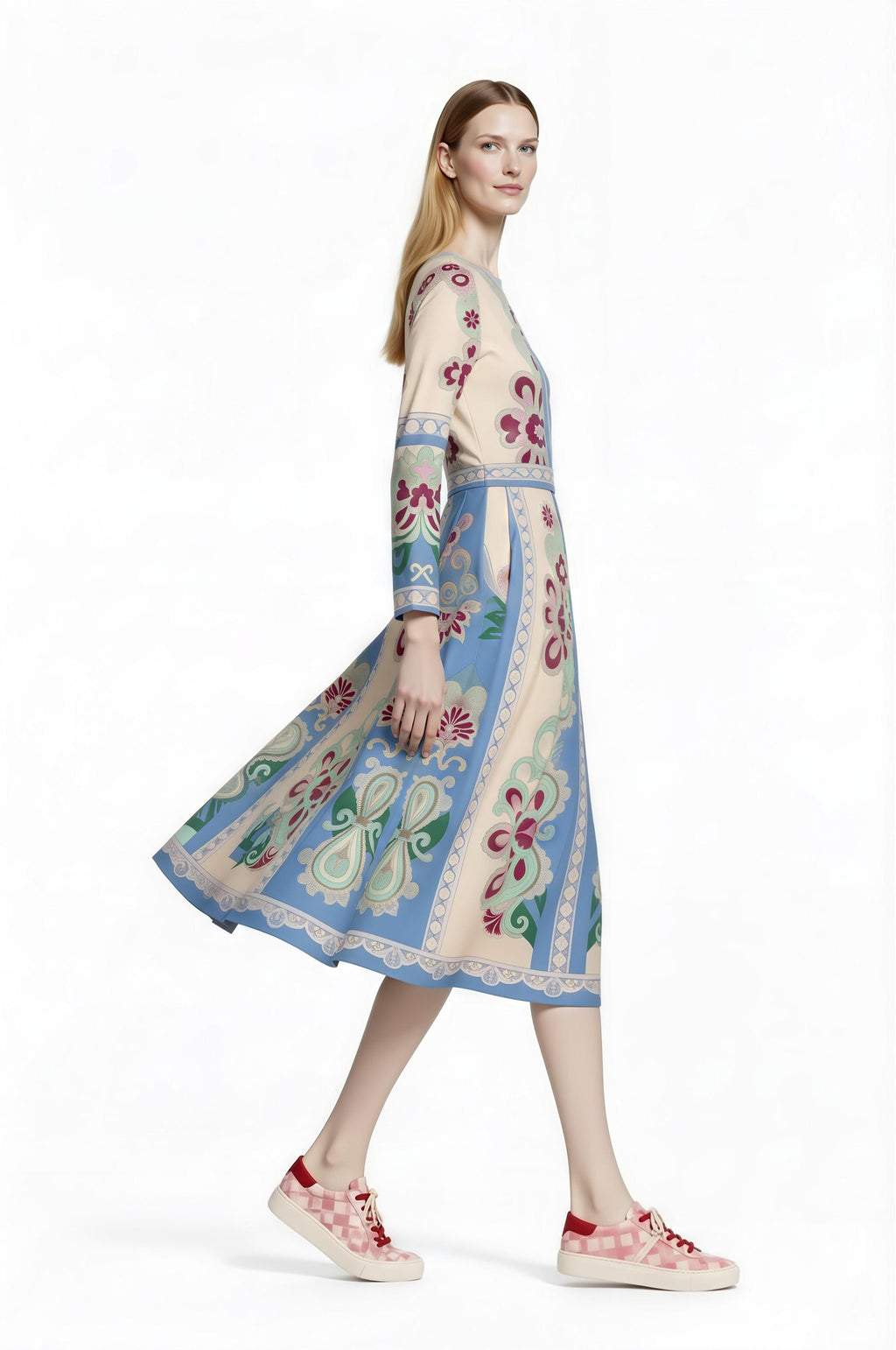 Long Sleeve Floral Midi Dress, Romantic Folk Print, Boutique Style, Spring Outfit __etsy:7943786897