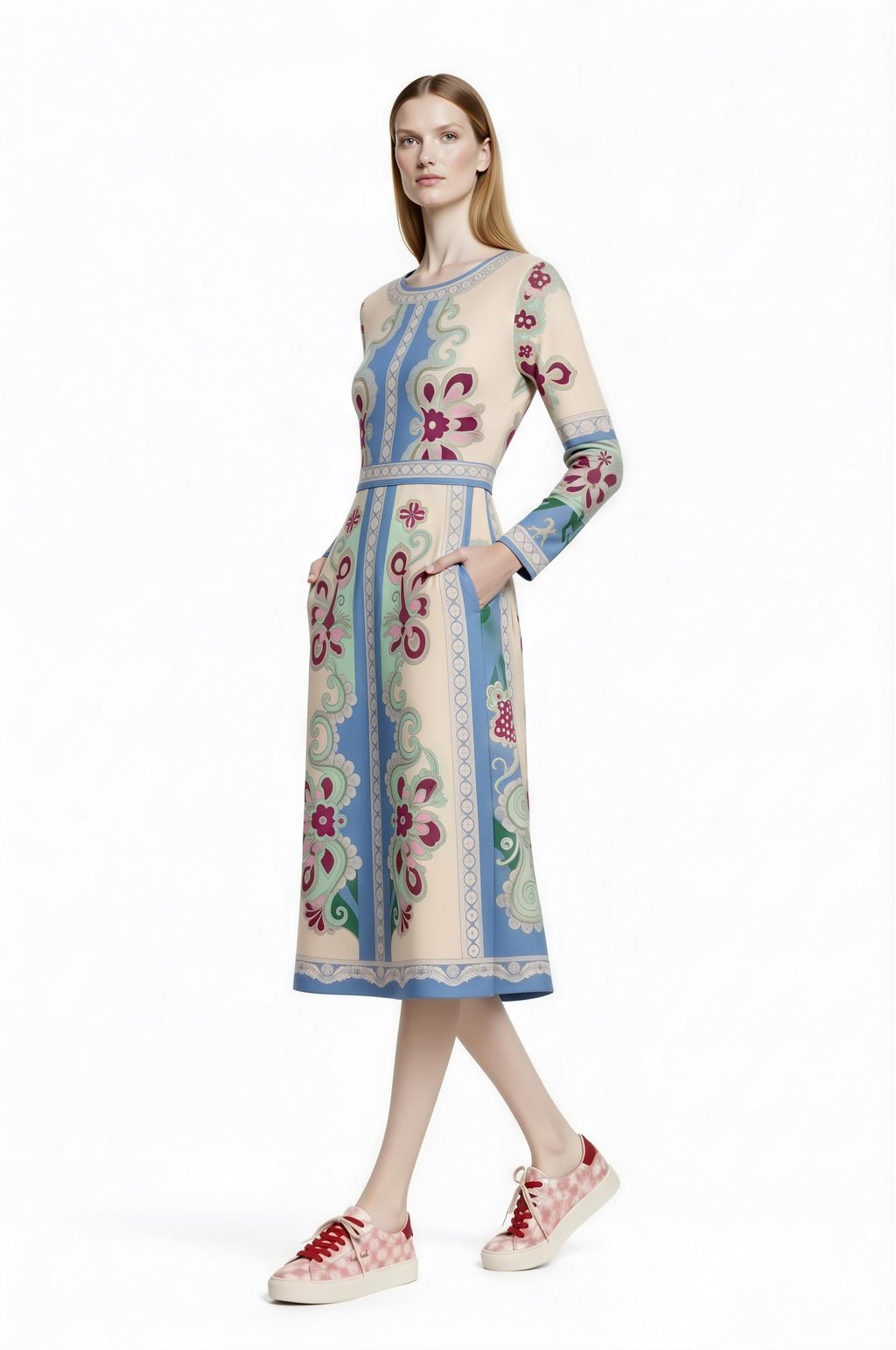 Long Sleeve Floral Midi Dress, Romantic Folk Print, Boutique Style, Spring Outfit __etsy:7943786899