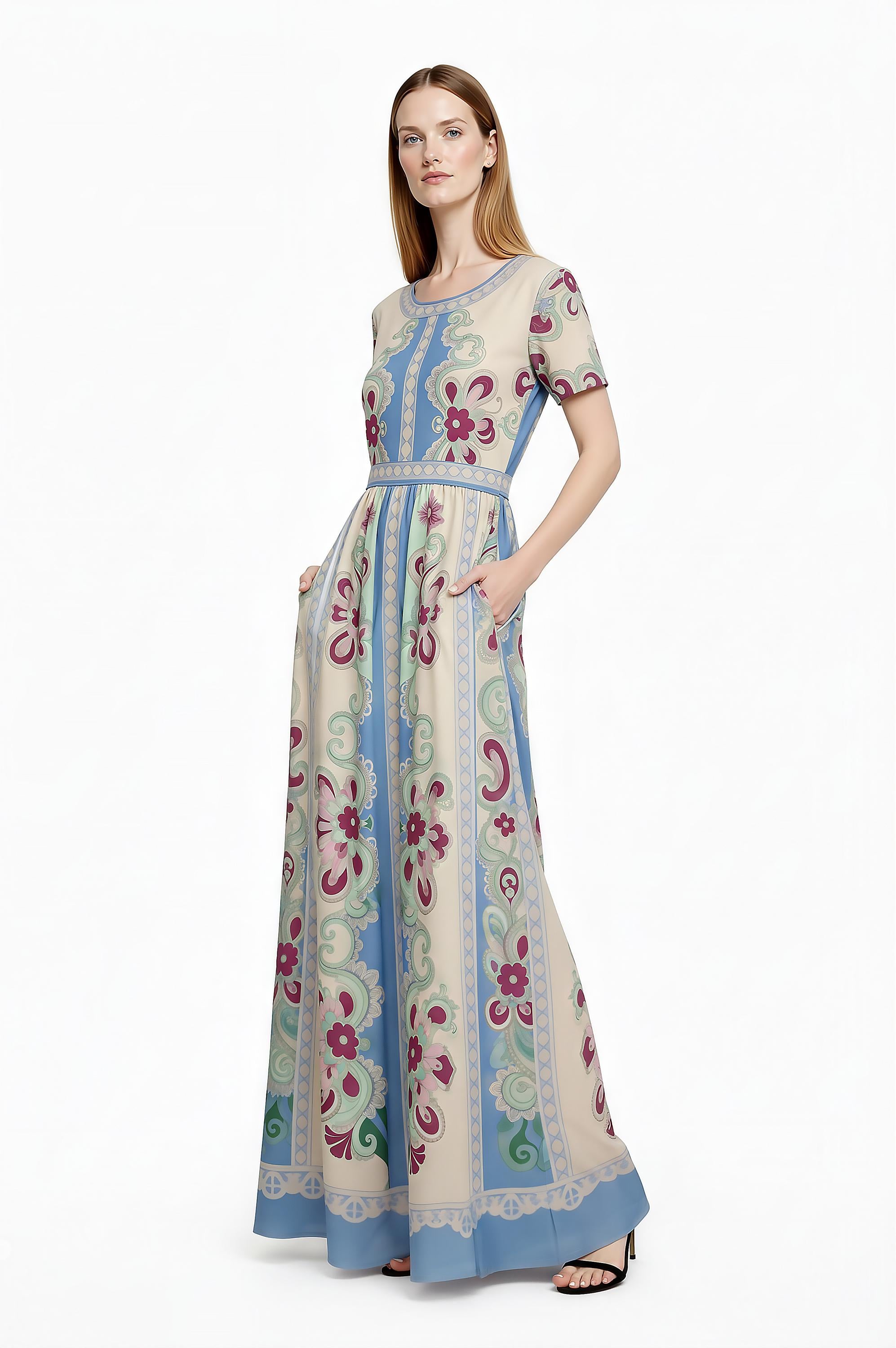 Floral Maxi Dress, Romantic Folk Print, Short Sleeve, Feminine Boutique Style __etsy:7944264653