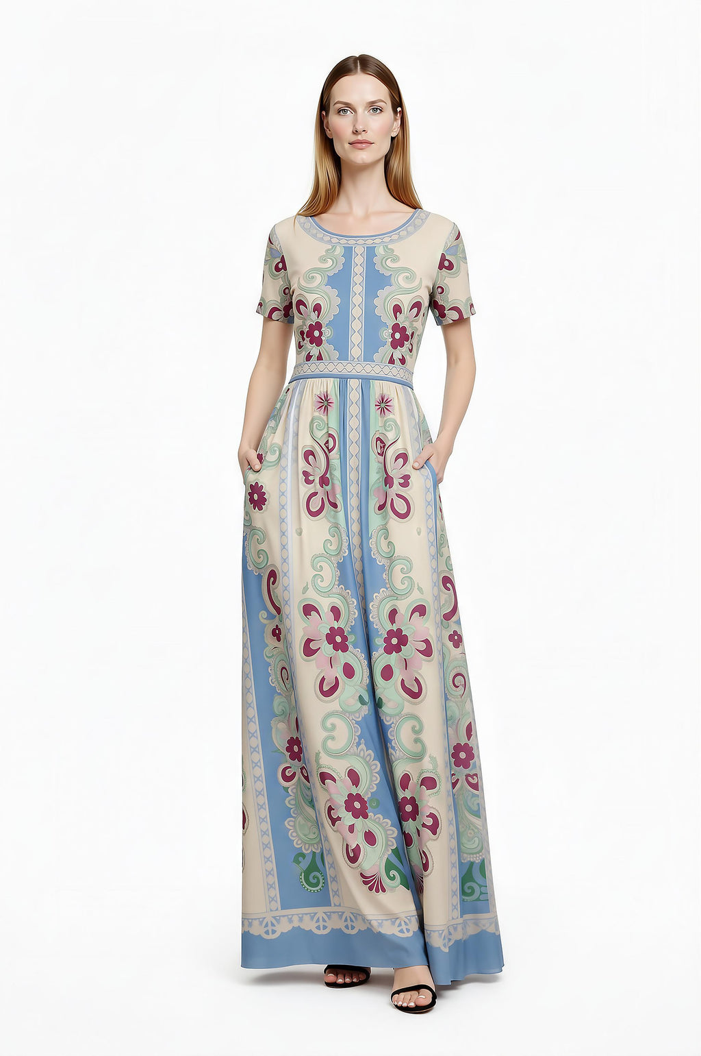 Floral Maxi Dress, Romantic Folk Print, Short Sleeve, Feminine Boutique Style __etsy:7944264657