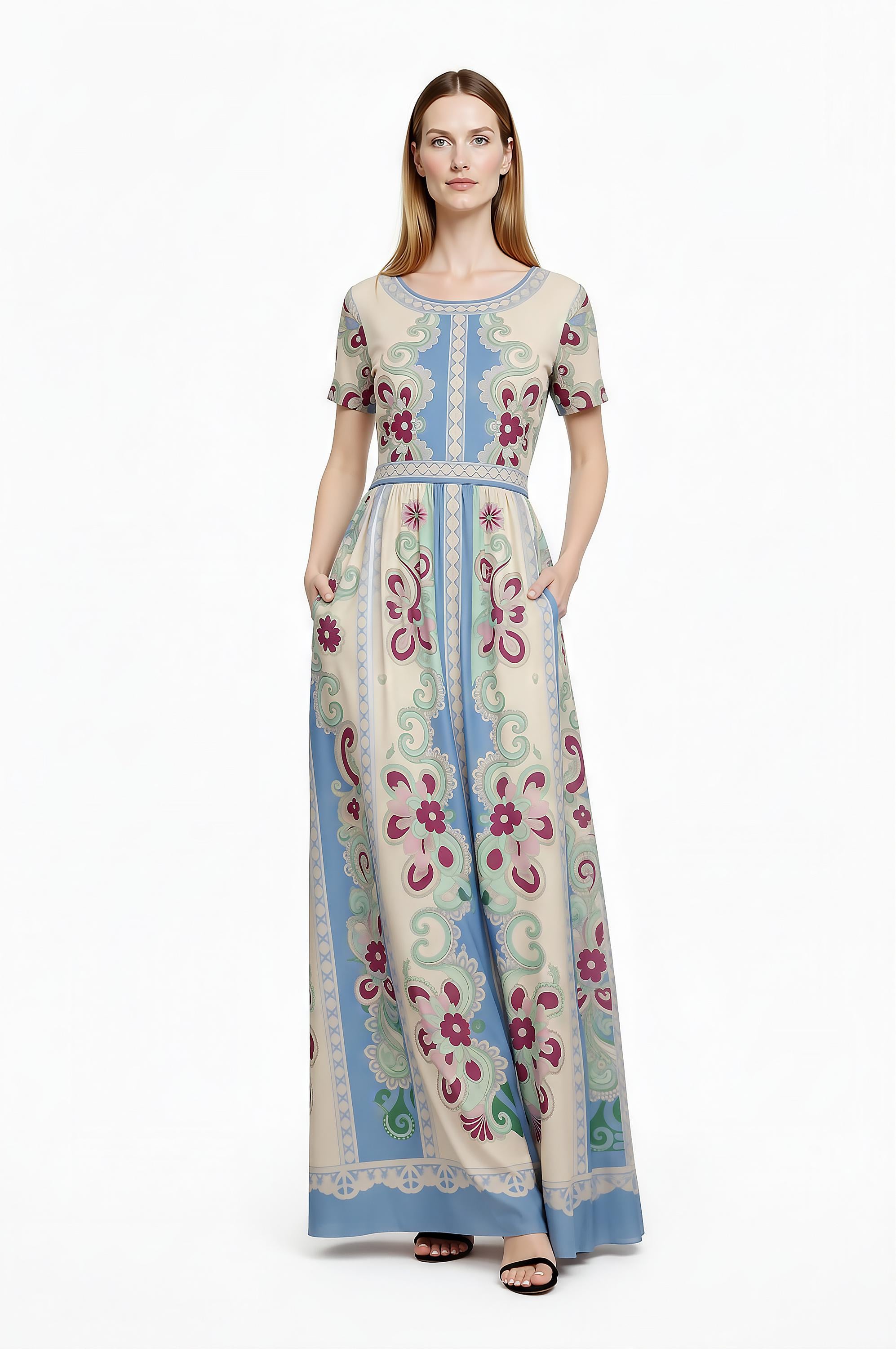 Floral Maxi Dress, Romantic Folk Print, Short Sleeve, Feminine Boutique Style __etsy:7944264657