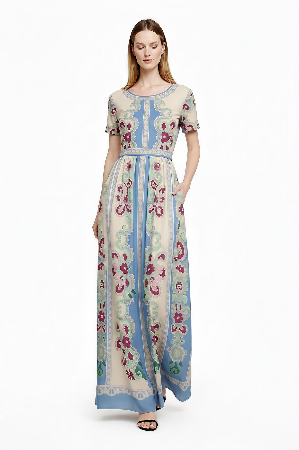 Floral Maxi Dress, Romantic Folk Print, Short Sleeve, Feminine Boutique Style __etsy:7944264659
