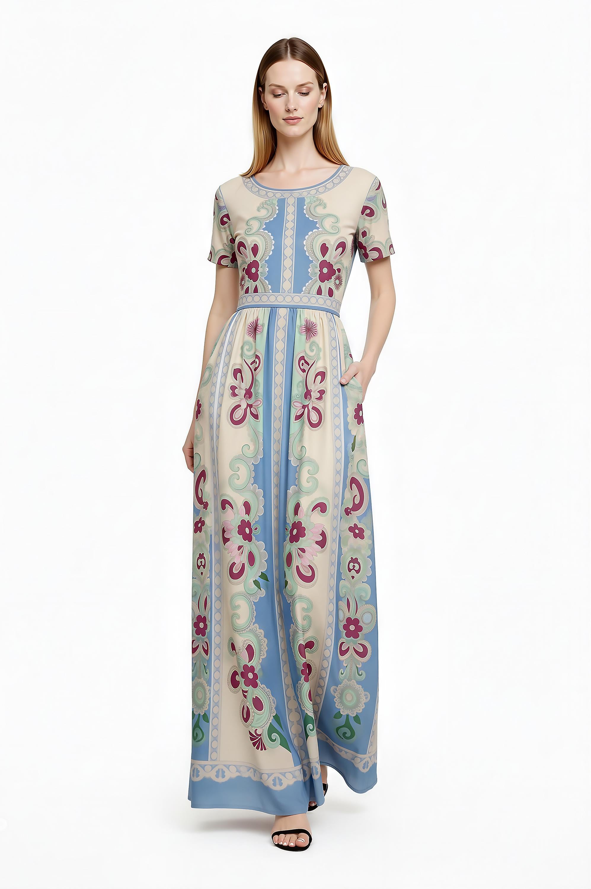 Floral Maxi Dress, Romantic Folk Print, Short Sleeve, Feminine Boutique Style __etsy:7944264659