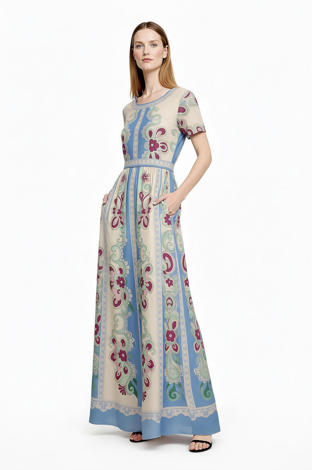 Floral Maxi Dress, Romantic Folk Print, Short Sleeve, Feminine Boutique Style __etsy:7944264733