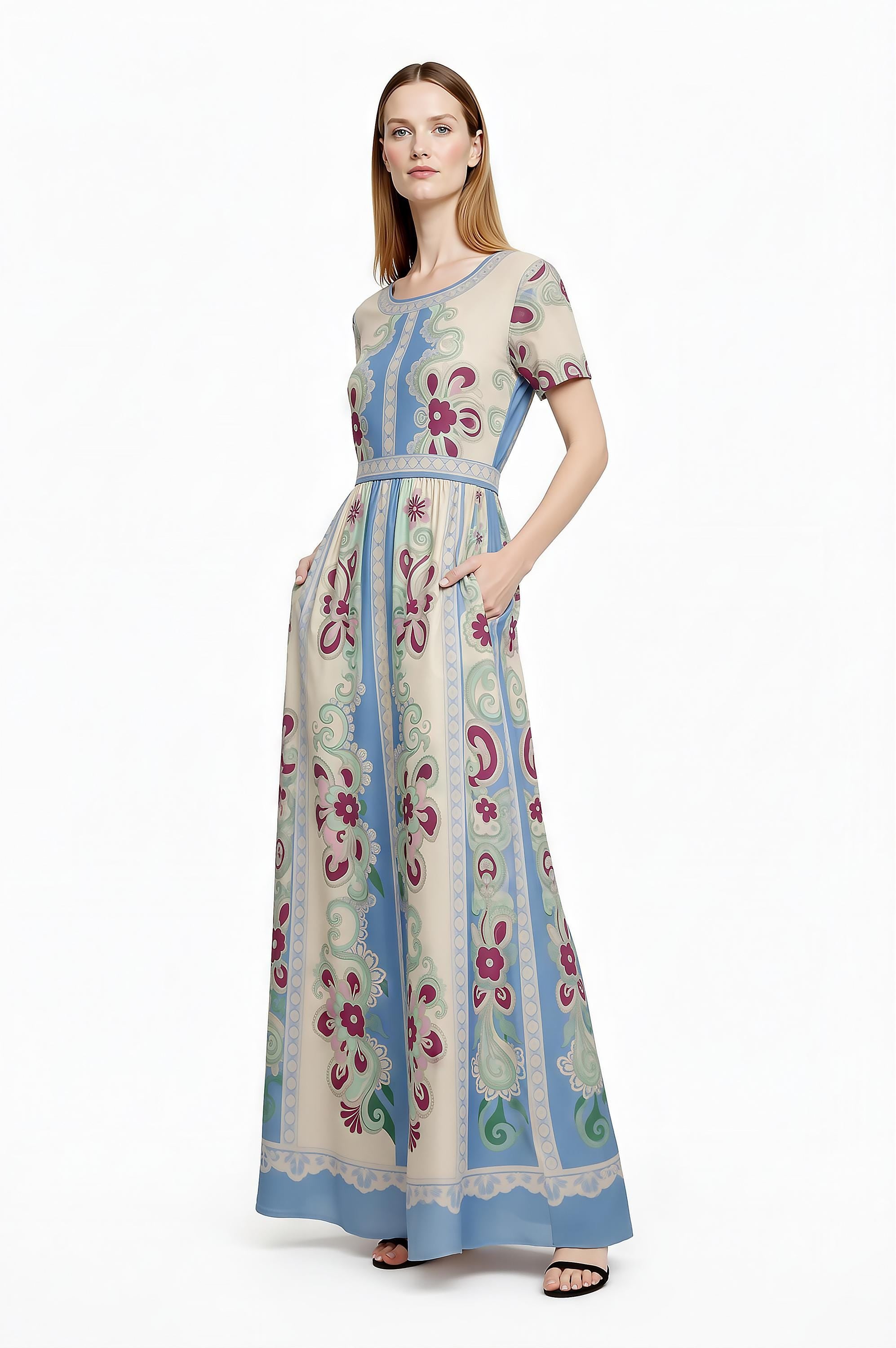 Floral Maxi Dress, Romantic Folk Print, Short Sleeve, Feminine Boutique Style __etsy:7944264733