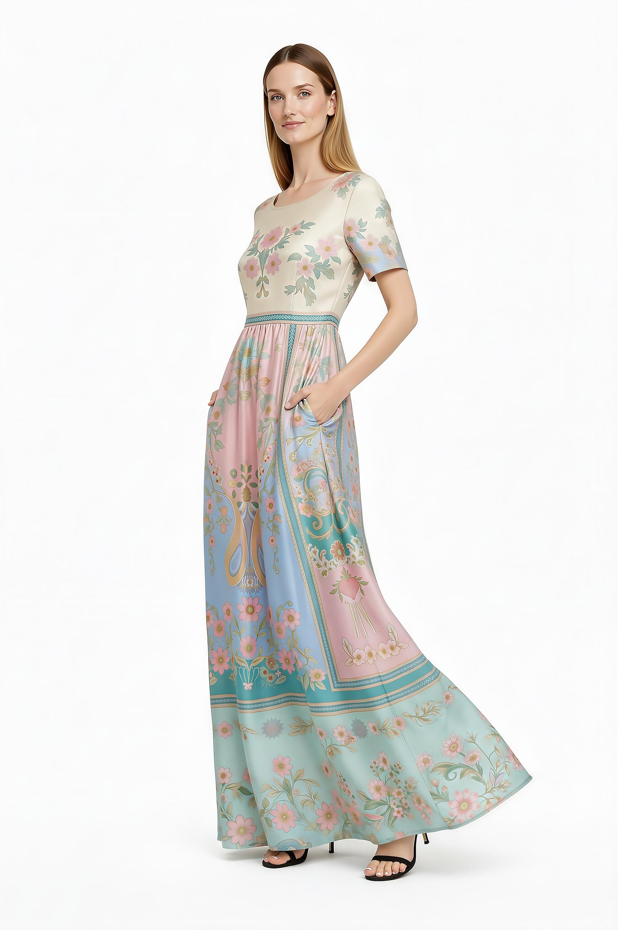 Pink Floral Maxi Dress, Romantic Folk Print, Boho Cottagecore Style, Short Sleeve Women's Outfit __etsy:7947040427
