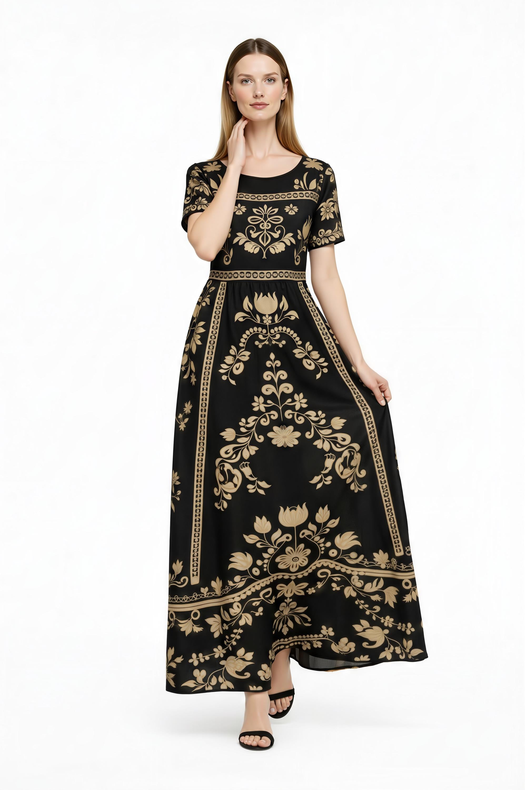 Black Floral Maxi Dress, Short Sleeve Boho Cottagecore Outfit __etsy:7947106515