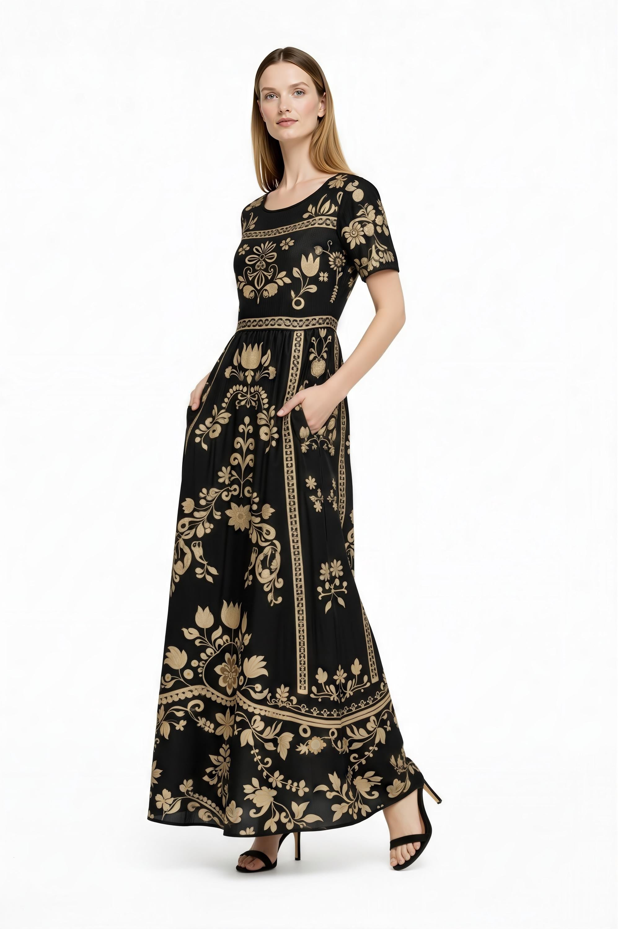 Black Floral Maxi Dress, Short Sleeve Boho Cottagecore Outfit __etsy:7947106519