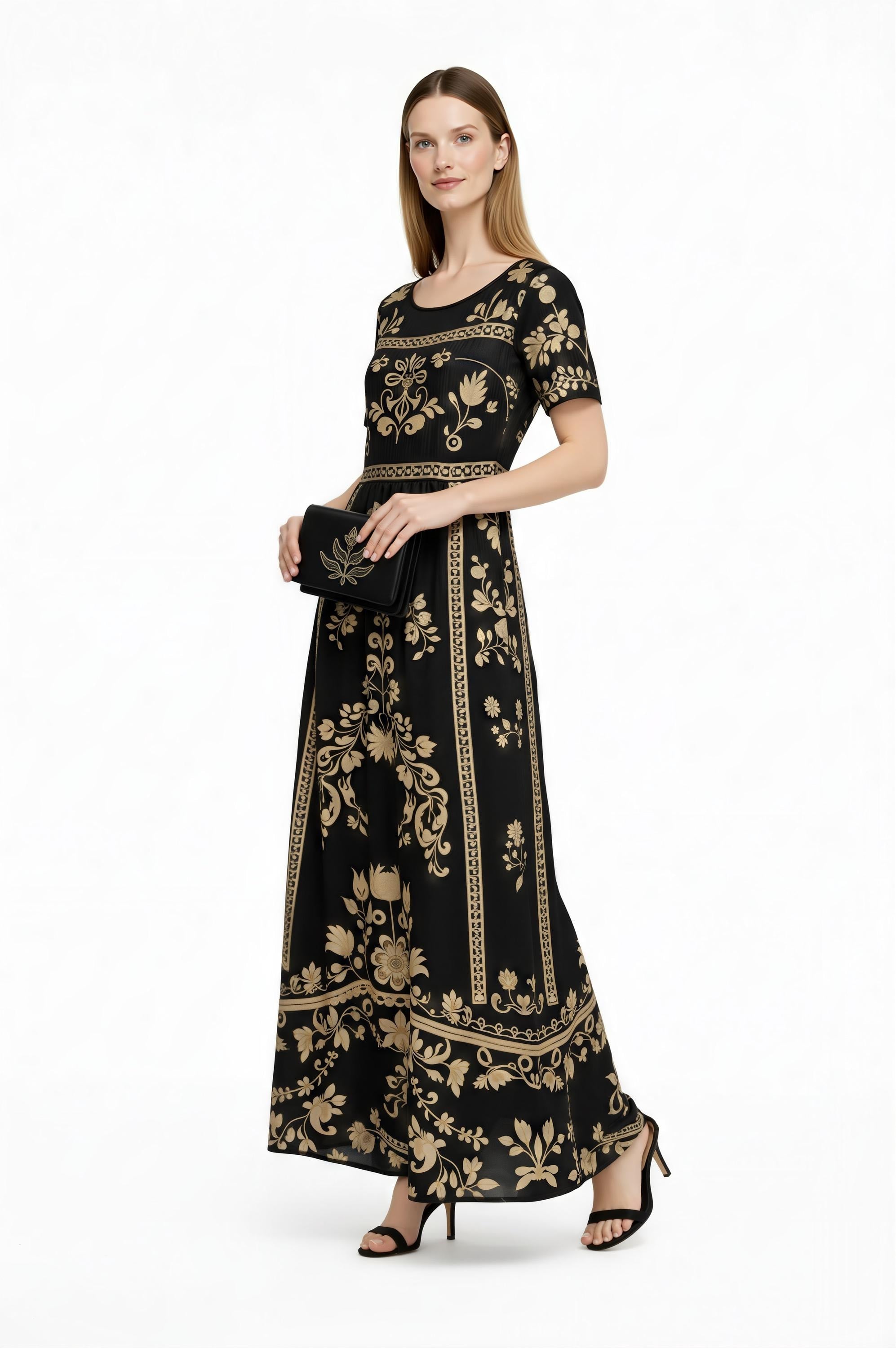 Black Floral Maxi Dress, Short Sleeve Boho Cottagecore Outfit __etsy:7947106529