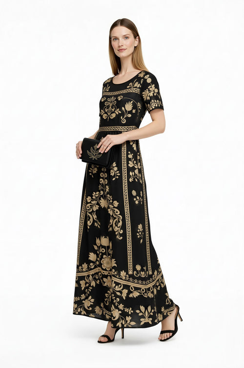 Black Floral Maxi Dress, Short Sleeve Boho Cottagecore Outfit __etsy:7947106529