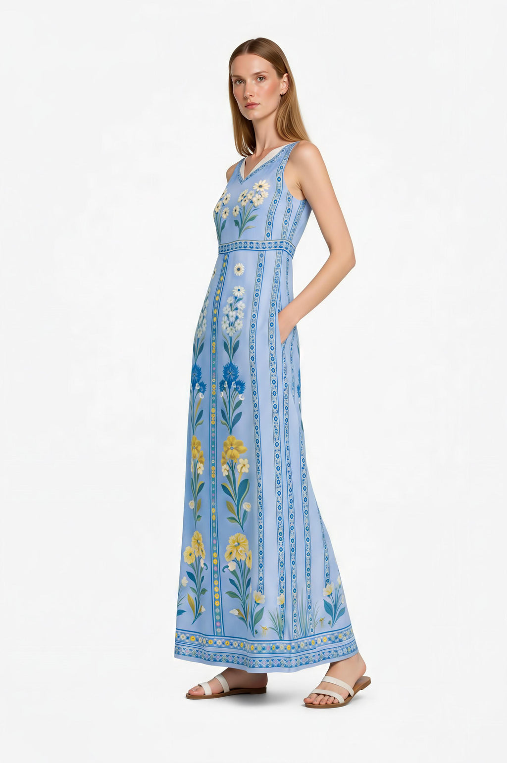 Blue Floral Maxi Dress, Sleeveless Boho Summer Resort Wear