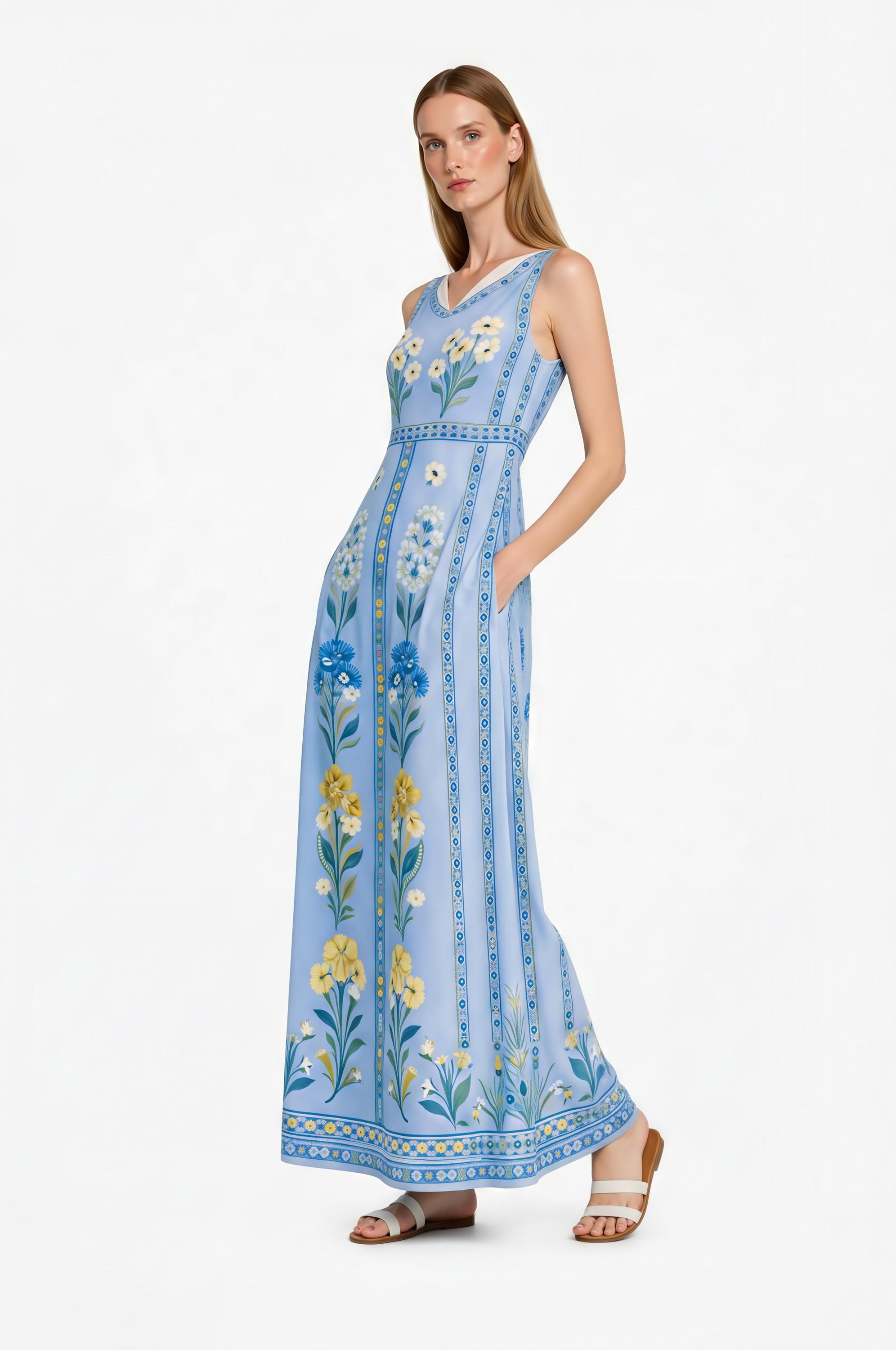 Blue Floral Maxi Dress, Sleeveless Boho Summer Resort Wear