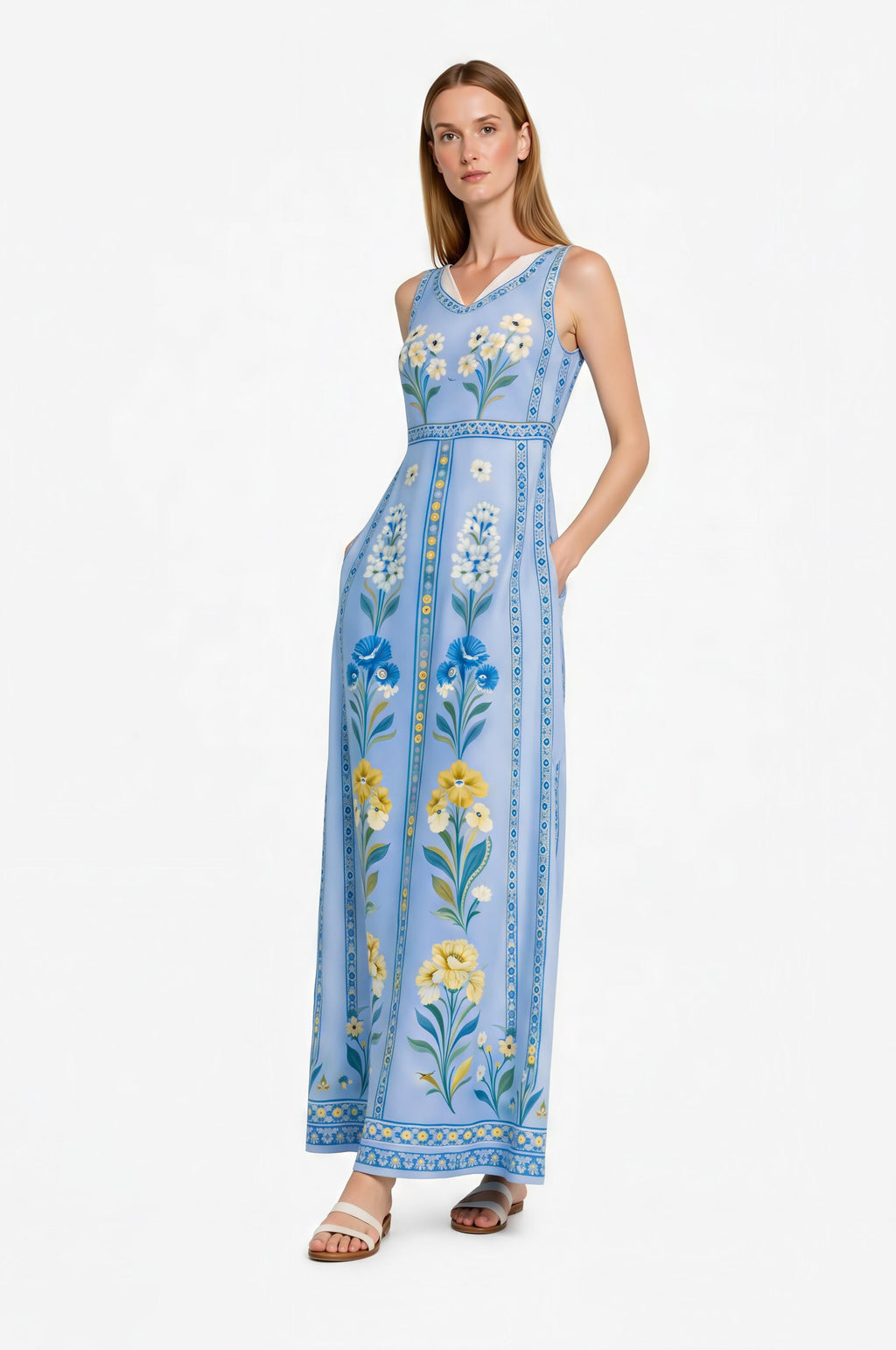 Blue Floral Maxi Dress, Sleeveless Boho Summer Resort Wear