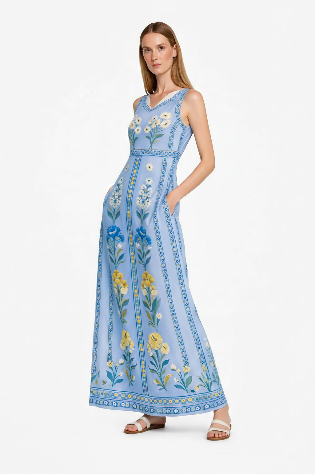 Blue Floral Maxi Dress, Sleeveless Boho Summer Resort Wear