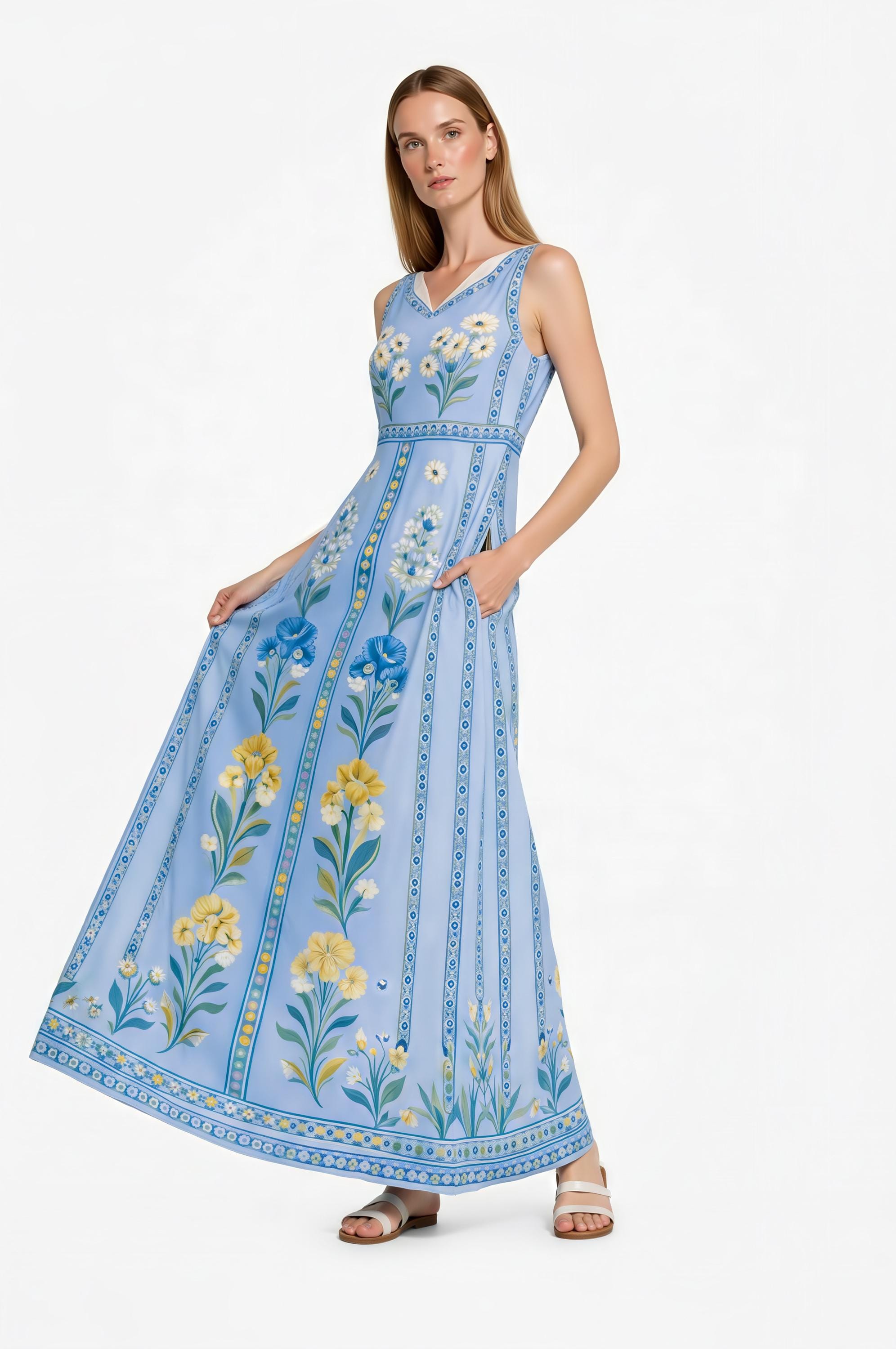 Blue Floral Maxi Dress, Sleeveless Boho Summer Resort Wear