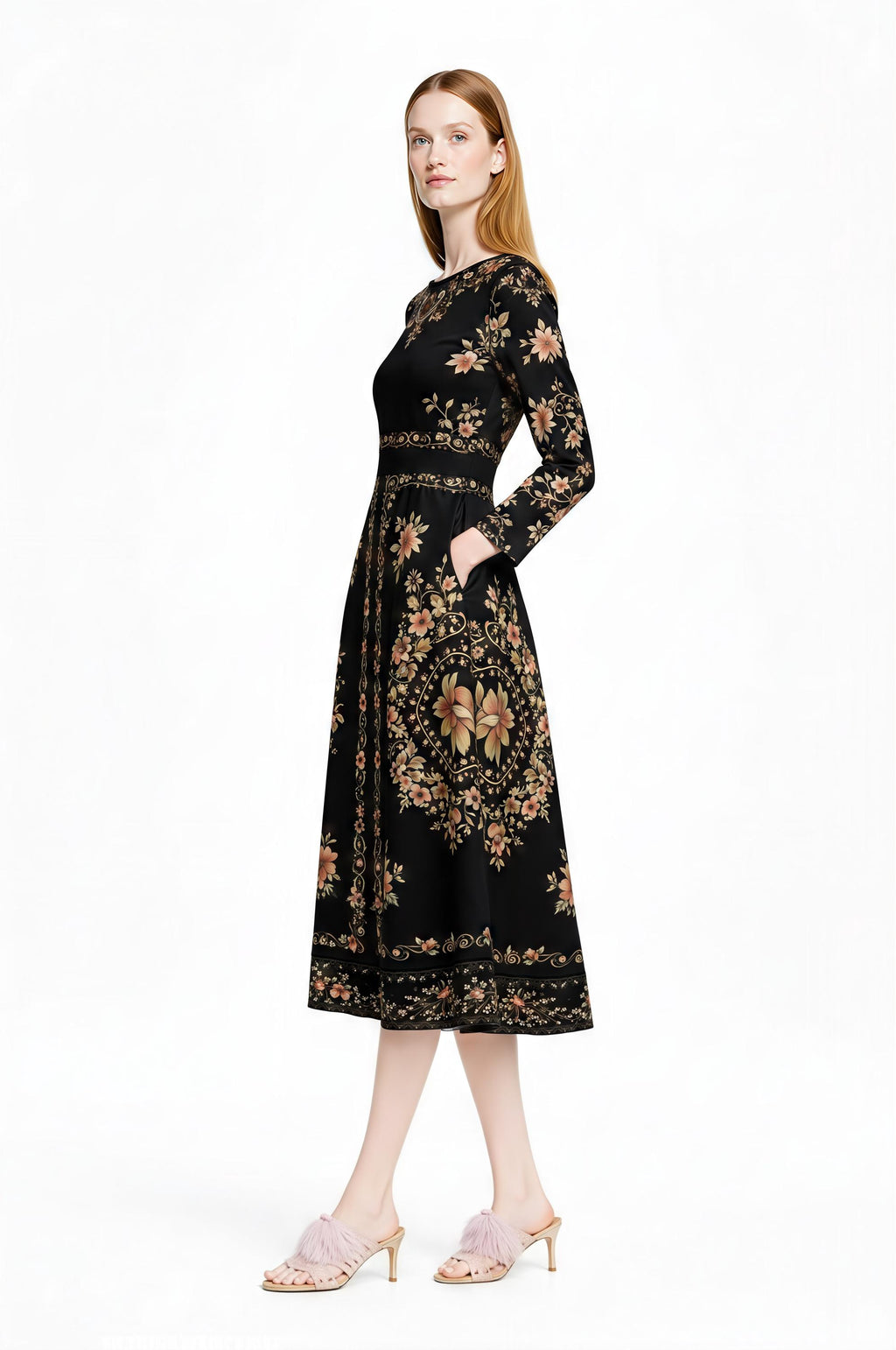 Black Floral Midi Dress, Long Sleeve Folk Print, Vintage Inspired Pockets __etsy:7968468813