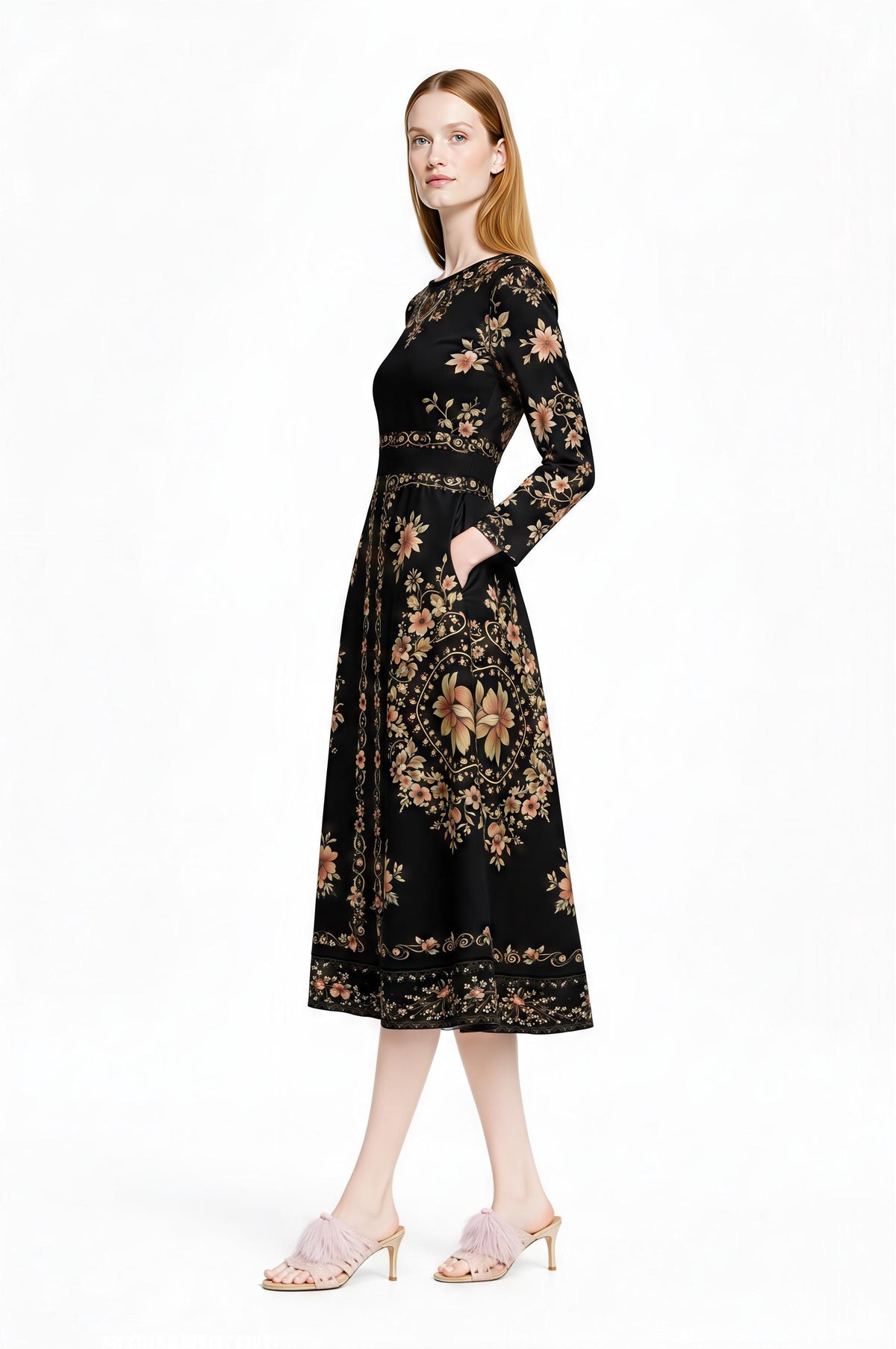 Black Floral Midi Dress, Long Sleeve Folk Print, Vintage Inspired Pockets __etsy:7968468813