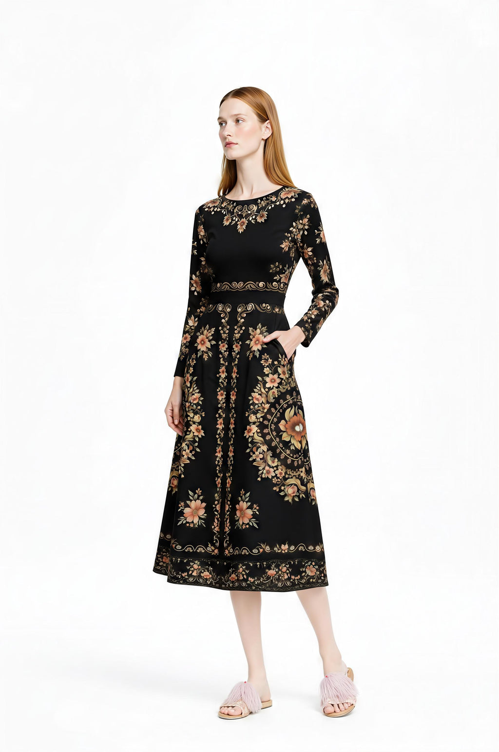 Black Floral Midi Dress, Long Sleeve Folk Print, Vintage Inspired Pockets __etsy:7968468823