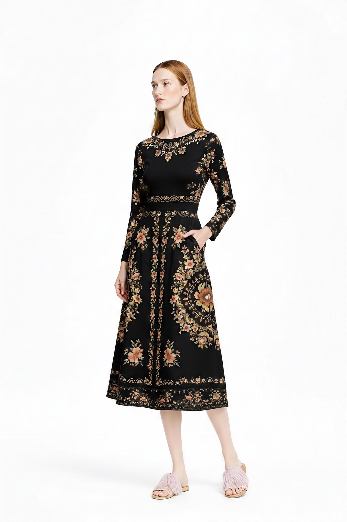 Black Floral Midi Dress, Long Sleeve Folk Print, Vintage Inspired Pockets __etsy:7968468823