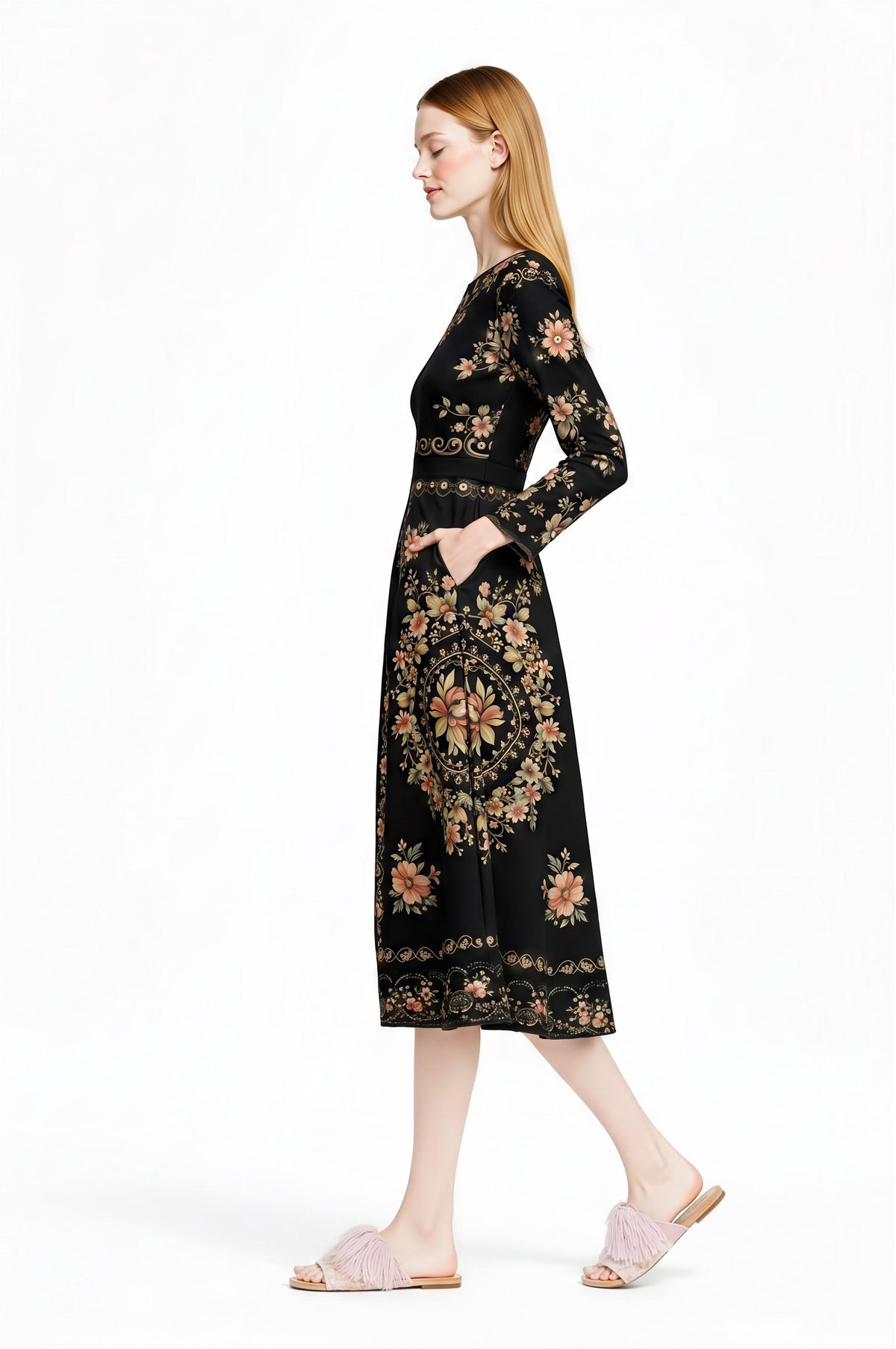 Black Floral Midi Dress, Long Sleeve Folk Print, Vintage Inspired Pockets __etsy:7968468825