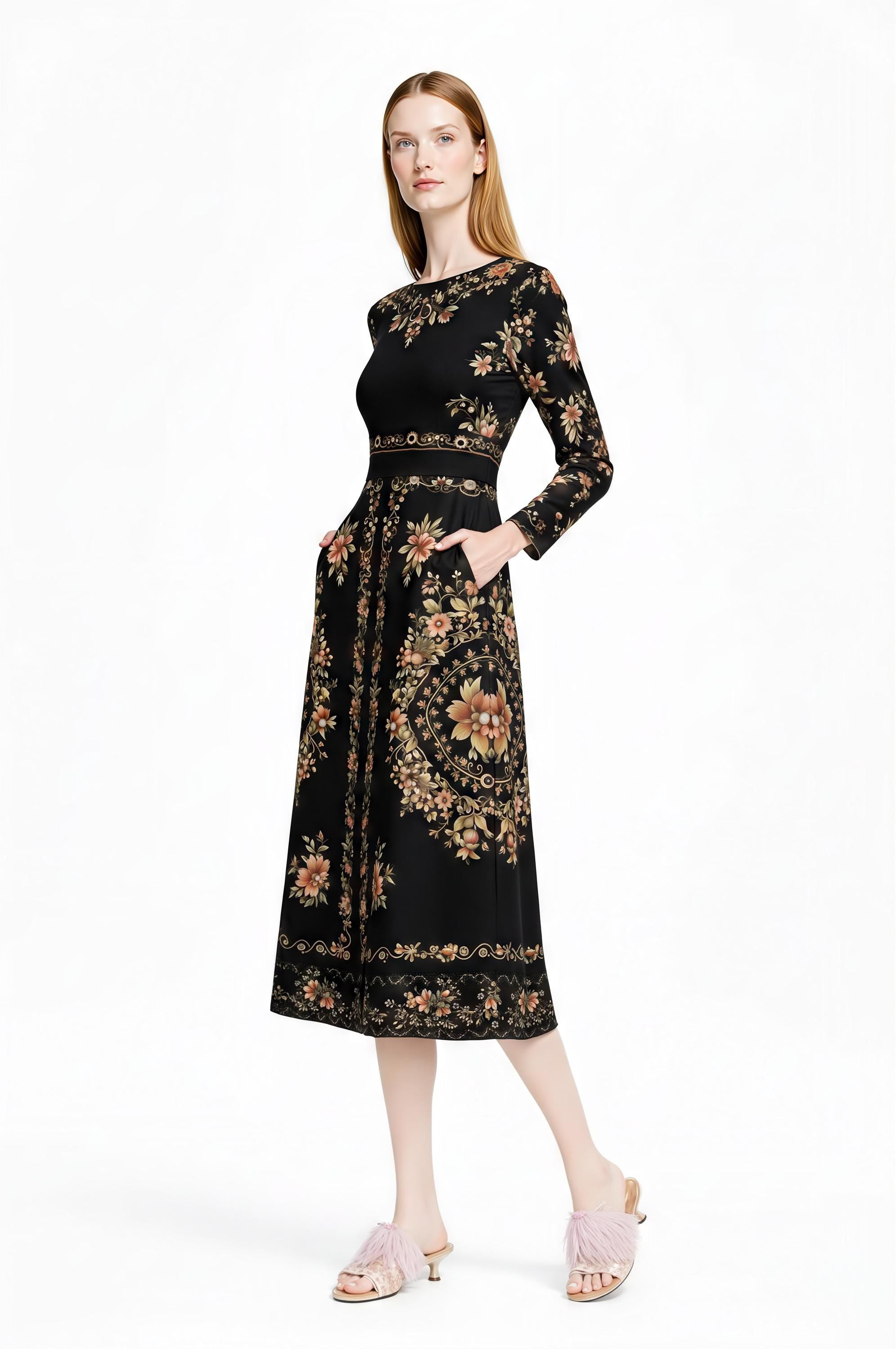 Black Floral Midi Dress, Long Sleeve Folk Print, Vintage Inspired Pockets __etsy:7968468901