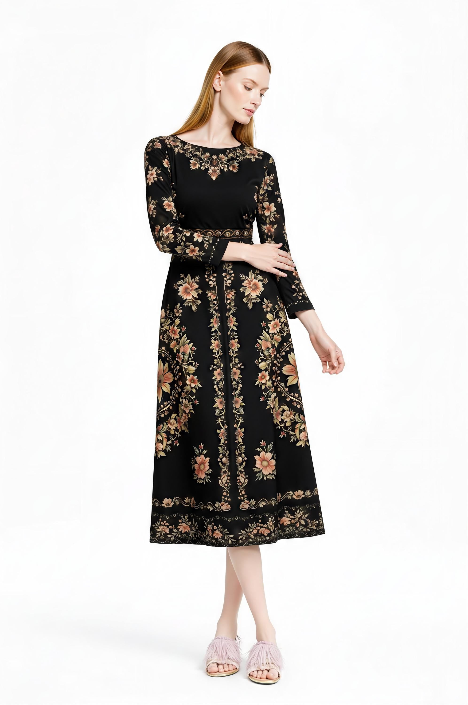 Black Floral Midi Dress, Long Sleeve Folk Print, Vintage Inspired Pockets __etsy:7968468903