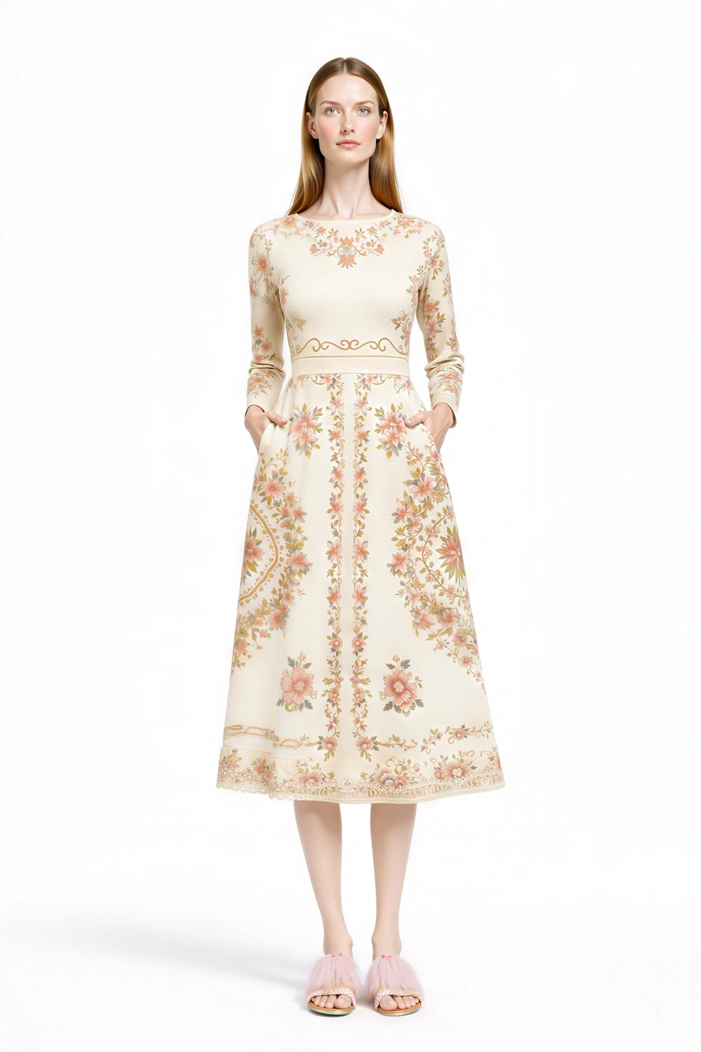 Ivory Floral Midi Dress, Long Sleeve, Vintage Inspired, Pockets __etsy:7968608691