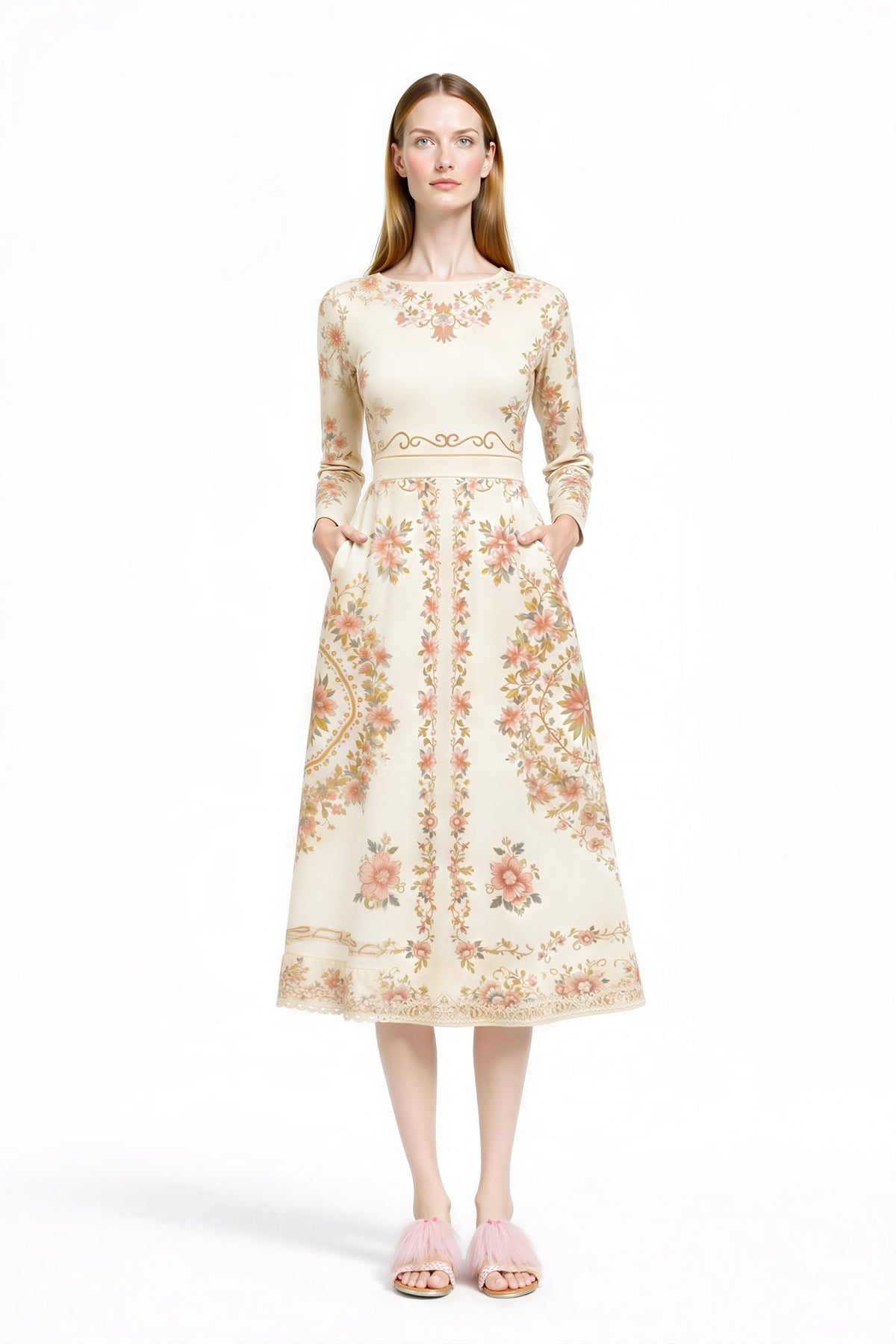 Ivory Floral Midi Dress, Long Sleeve, Vintage Inspired, Pockets __etsy:7968608691