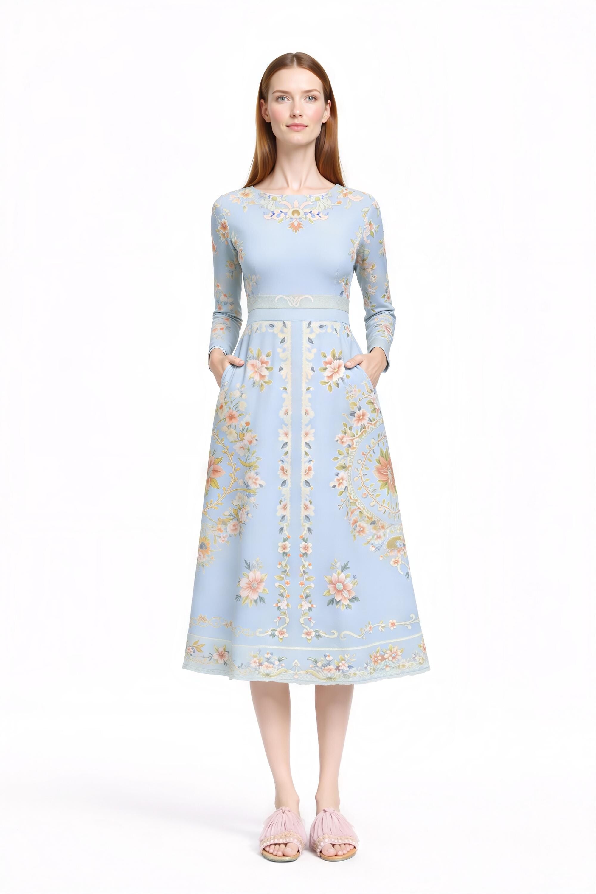 Ivory Floral Midi Dress, Long Sleeve, Vintage Inspired, Pockets __etsy:7968608693