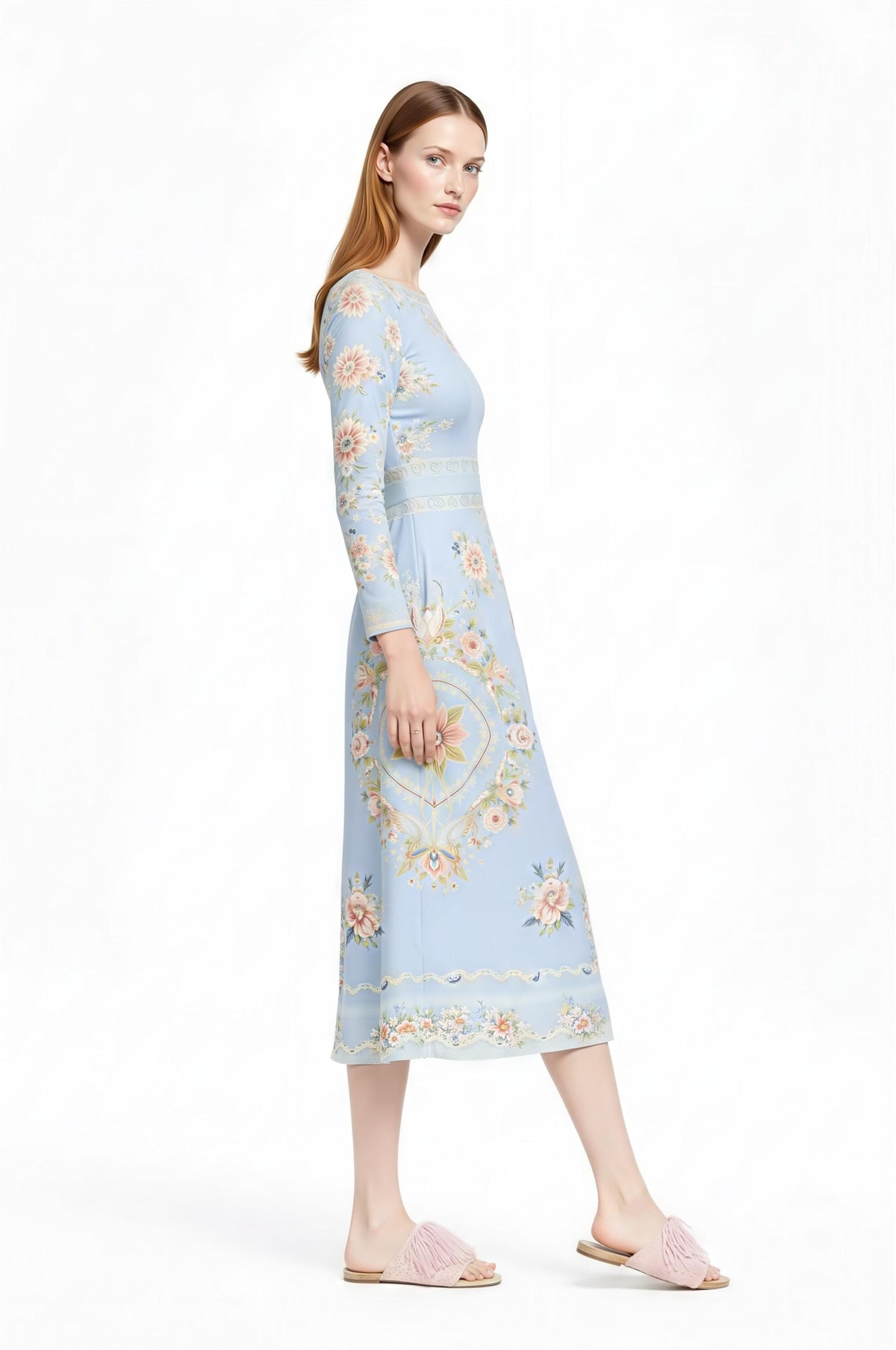 Ivory Floral Midi Dress, Long Sleeve, Vintage Inspired, Pockets __etsy:7968608695