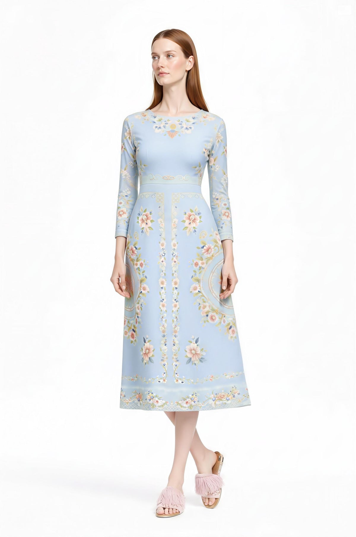 Ivory Floral Midi Dress, Long Sleeve, Vintage Inspired, Pockets __etsy:7968608697