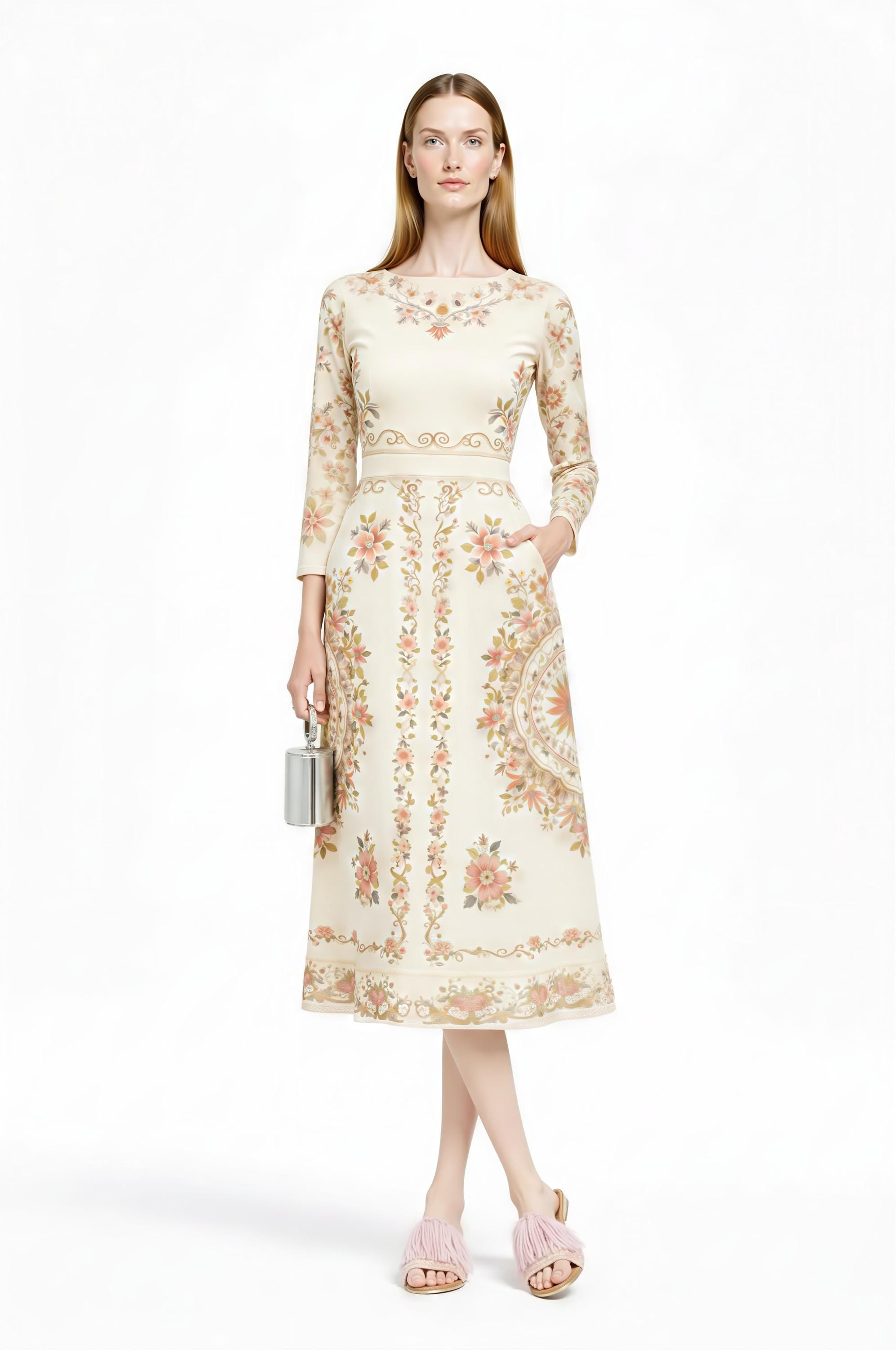 Ivory Floral Midi Dress, Long Sleeve, Vintage Inspired, Pockets __etsy:7968608759