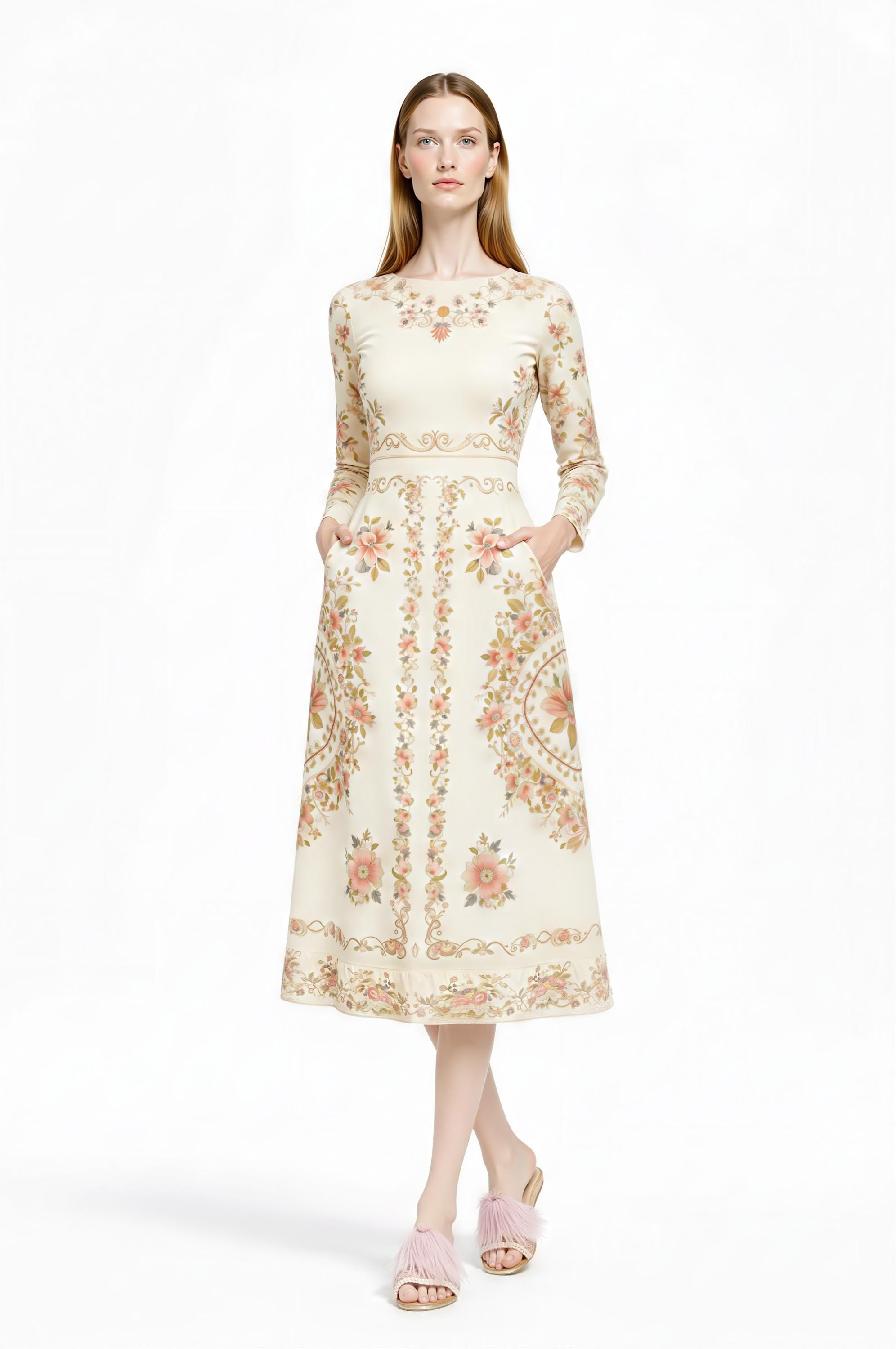 Ivory Floral Midi Dress, Long Sleeve, Vintage Inspired, Pockets __etsy:7968608761