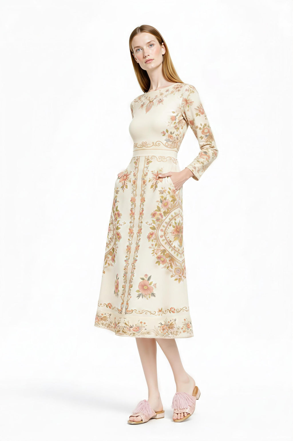 Ivory Floral Midi Dress, Long Sleeve, Vintage Inspired, Pockets __etsy:7968608763