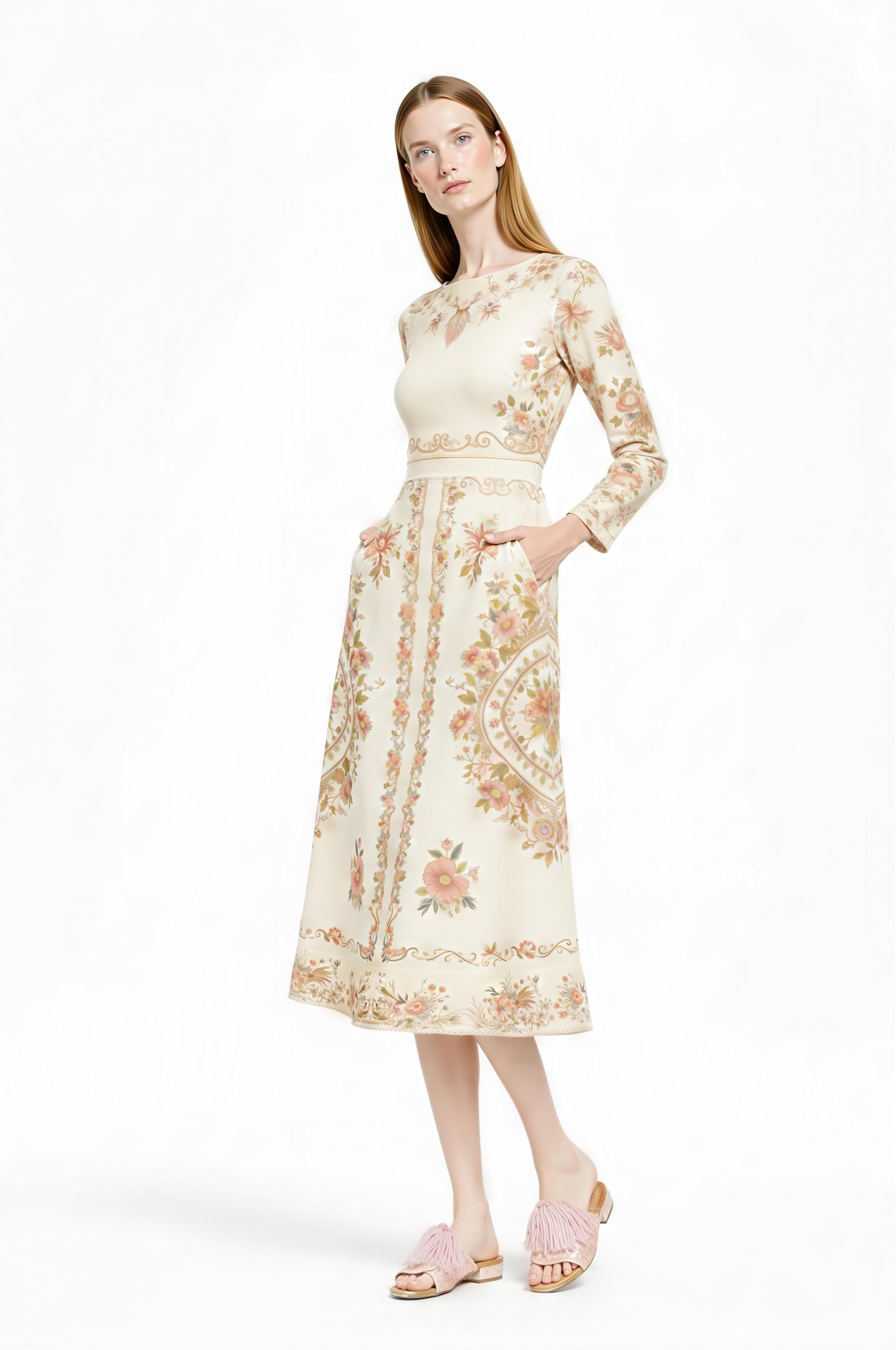 Ivory Floral Midi Dress, Long Sleeve, Vintage Inspired, Pockets __etsy:7968608763