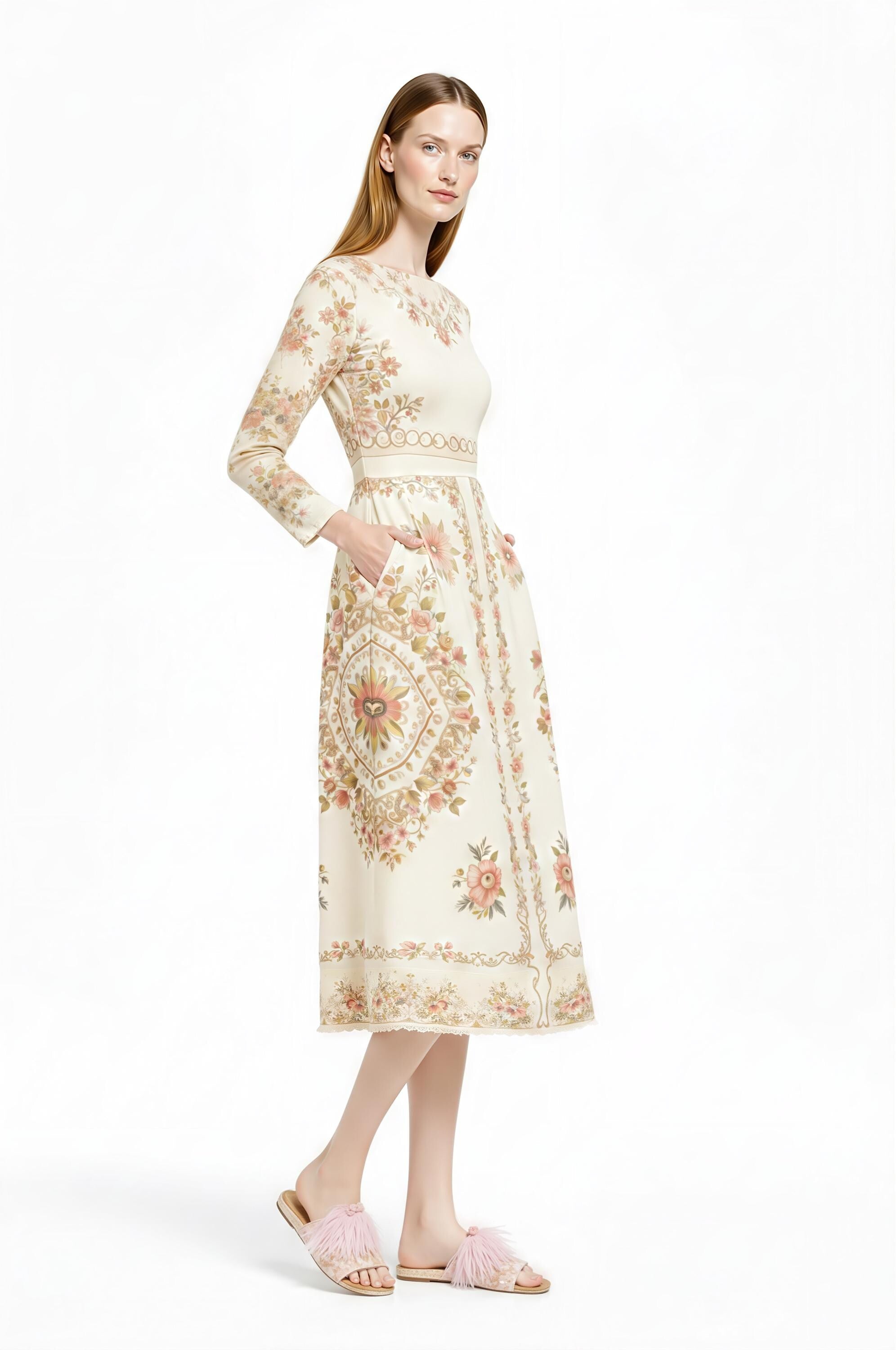 Ivory Floral Midi Dress, Long Sleeve, Vintage Inspired, Pockets __etsy:7968608767
