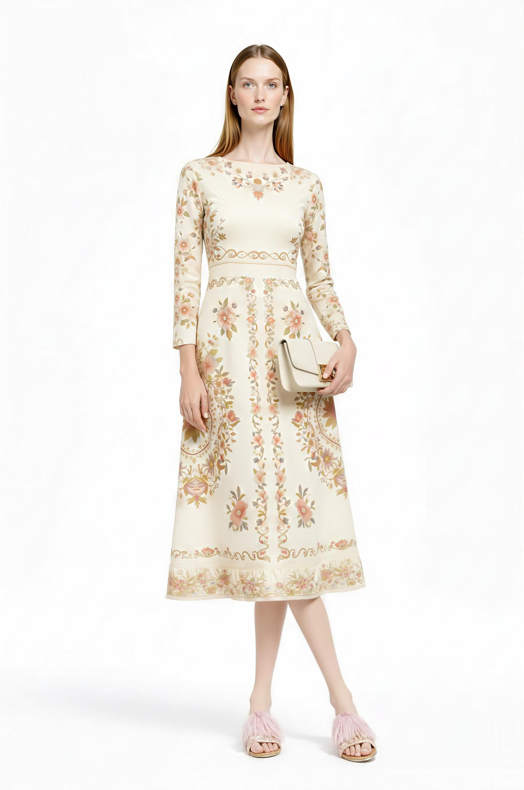 Ivory Floral Midi Dress, Long Sleeve, Vintage Inspired, Pockets __etsy:7968608769