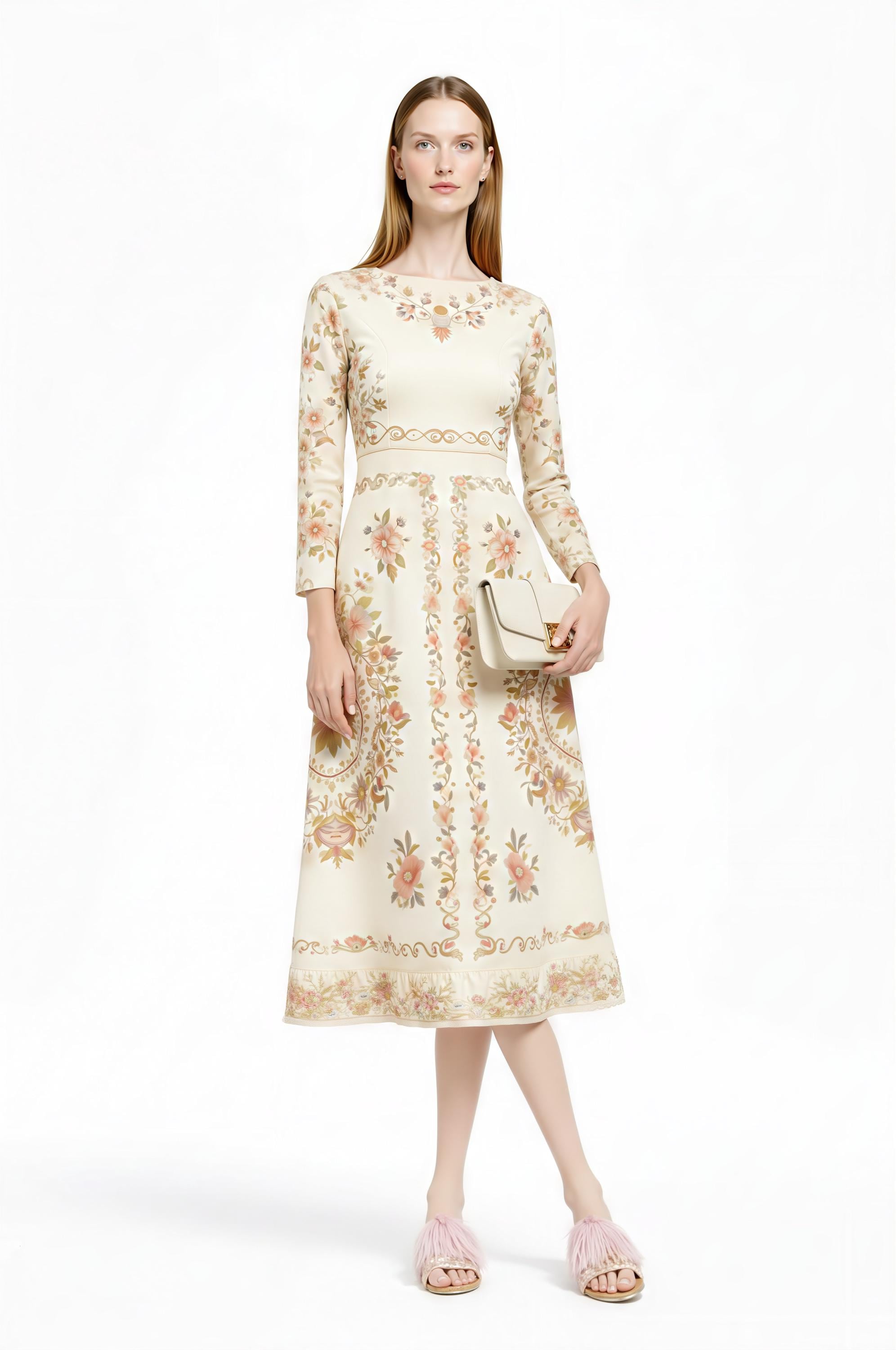 Ivory Floral Midi Dress, Long Sleeve, Vintage Inspired, Pockets __etsy:7968608769
