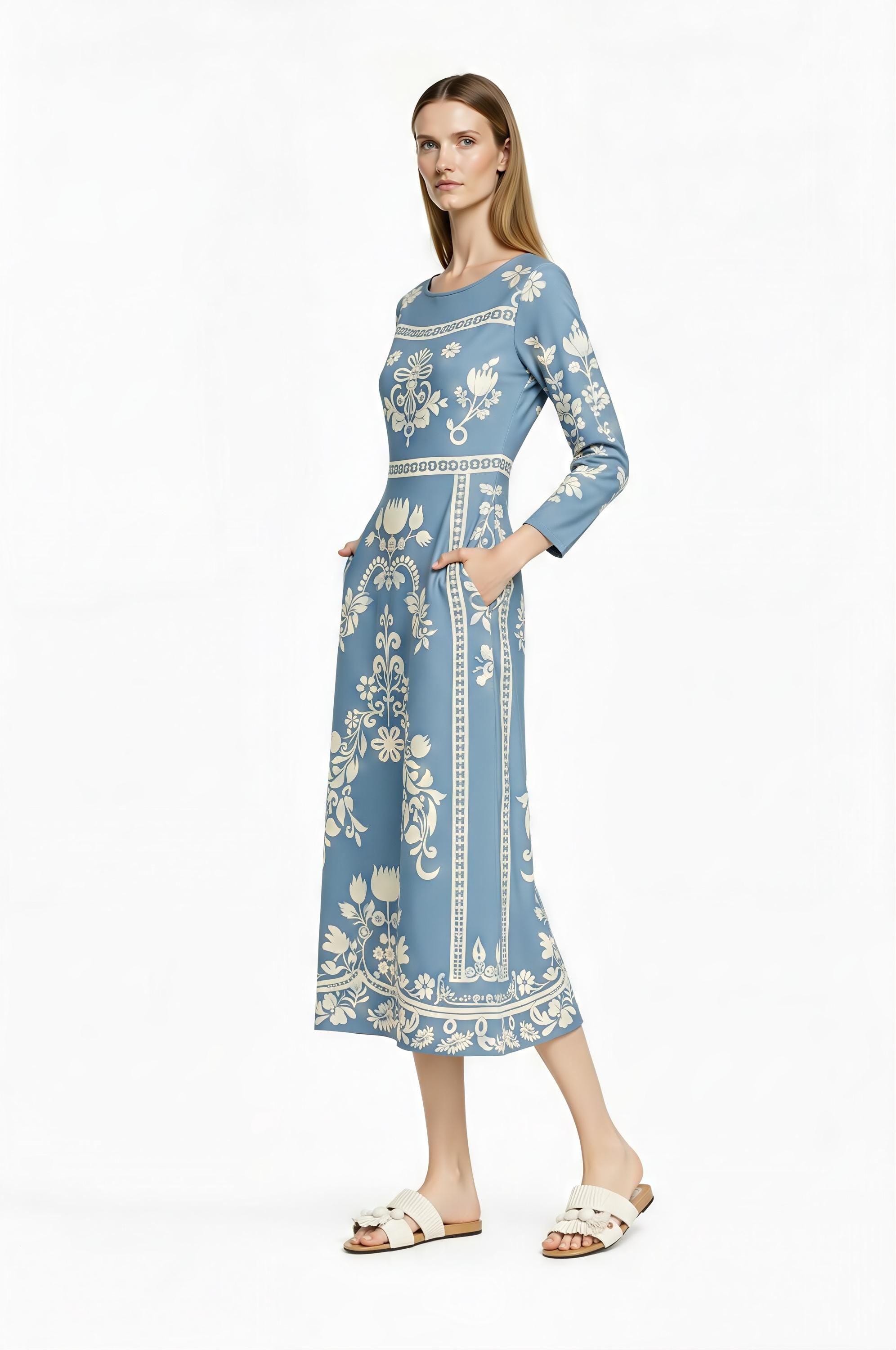 Light Blue Folk Floral Midi Dress, Vintage Style Long Sleeve Boho Elegance __etsy:7968680389