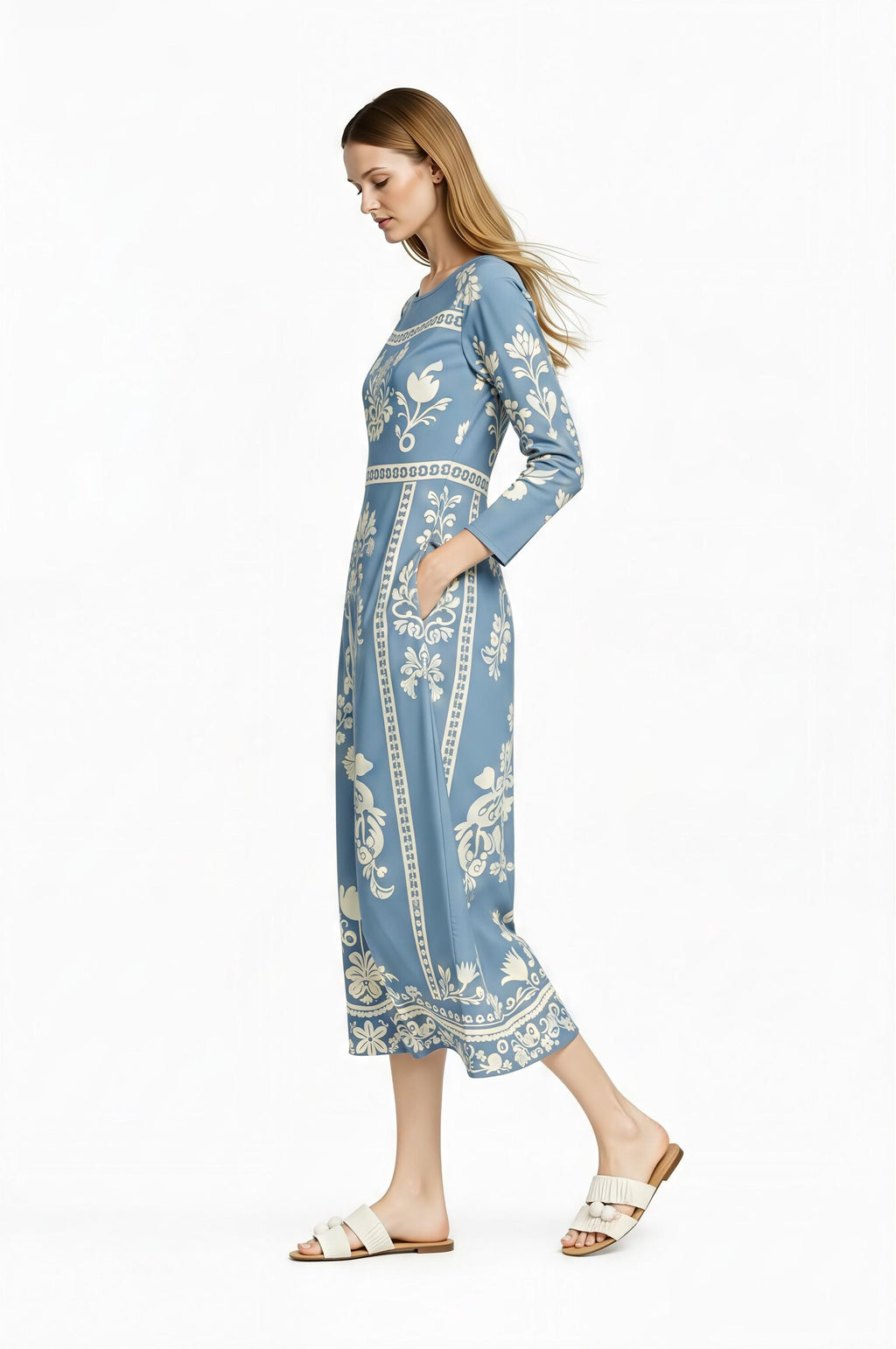 Light Blue Folk Floral Midi Dress, Vintage Style Long Sleeve Boho Elegance __etsy:7968680397
