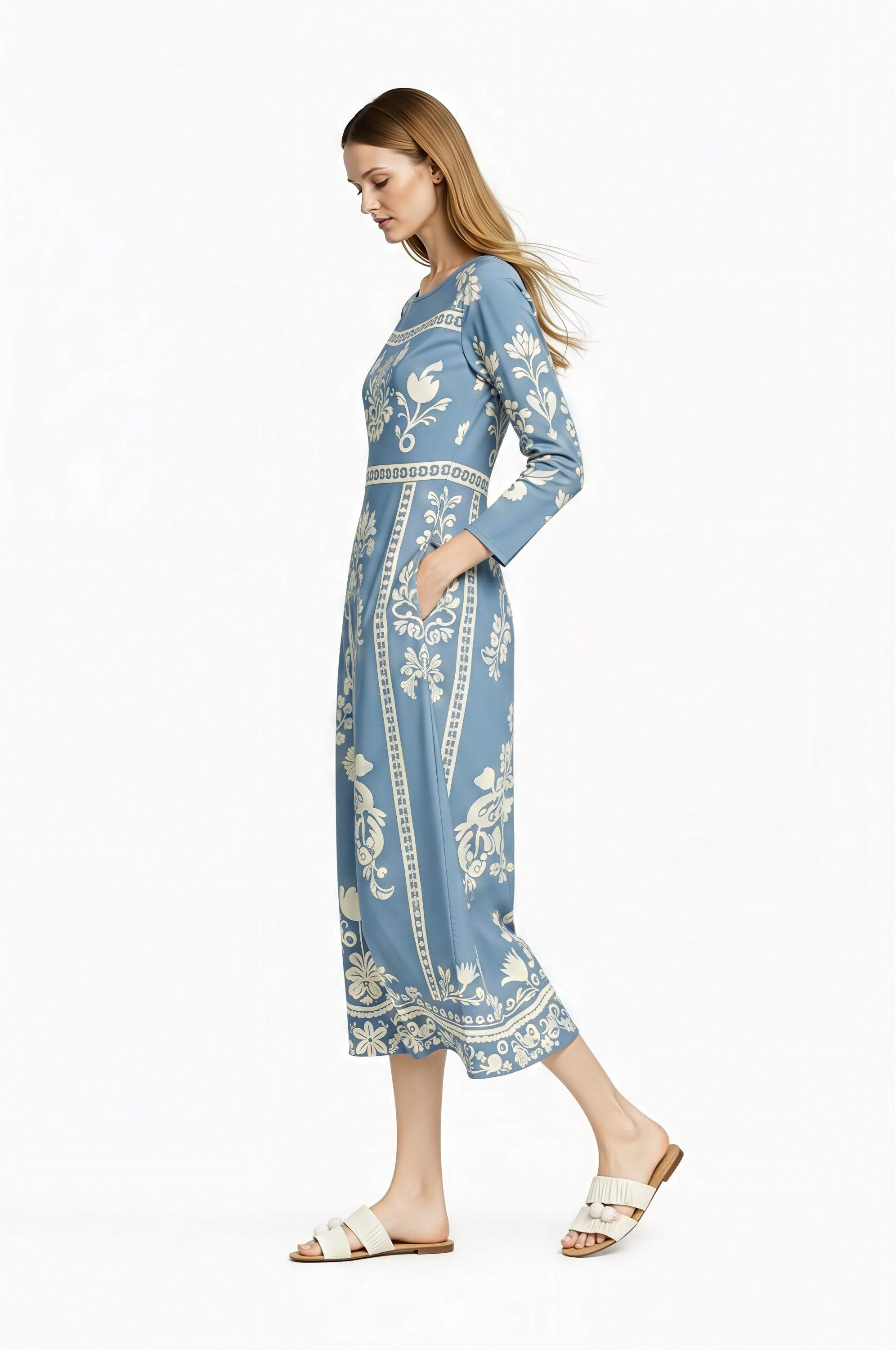 Light Blue Folk Floral Midi Dress, Vintage Style Long Sleeve Boho Elegance __etsy:7968680397